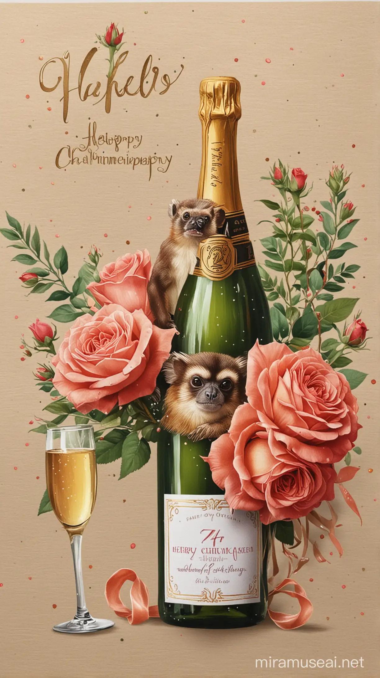 Geburtstags Karte zum 74. 
für Heid, Rosenbuket , Flasche Champagner, Style: Tamarin