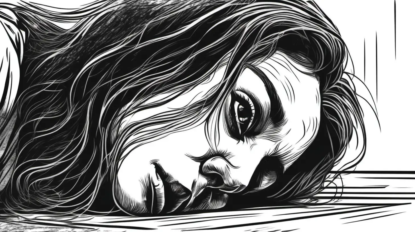 A sad young womans face as shes on the floor in a black and white sketch style