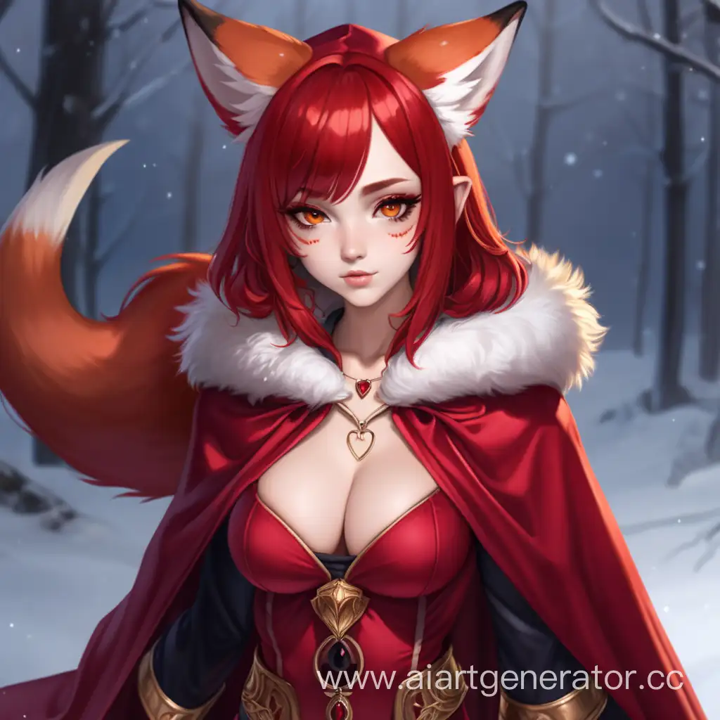 a sexy girl with ruby-colored fox ears and a tail with red hair in a red cloak with golden eyes