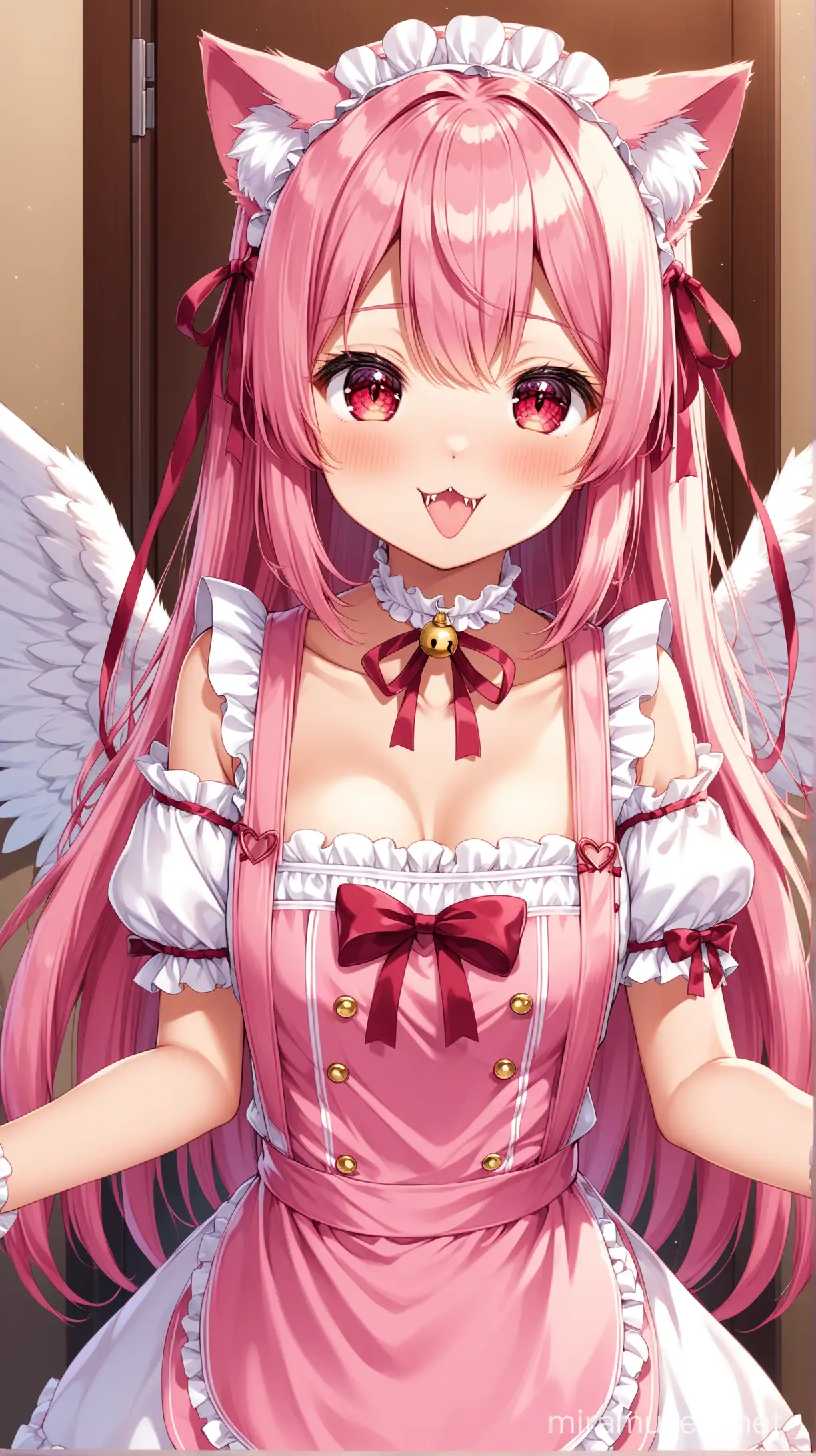 (Tamaki Iroha), High-quality anime illustration of cute cat girl, cat ears, cat tail, light pink hair, heart-shaped ahoge, straight long hair down, straight blunt middle bangs, two side up, (crimson eyes:1.3), wearing a pink maid uniform, detached sleeves, tiny neck bell, choker, ultra detailed hair, cute expression, kawaii, anime, detailed eyes, fluffy design, professional, 16k, hd, high resolution, best quality, cute, looking at viewer, adorable, fang tooth, petite body, animal ears, solo focus, POV, cat mouth:1.2), (:3, kurashina asuka,  beautiful, elegant, holding hands, pov hands, tiny angel wings, white wings, heart-shaped pupils