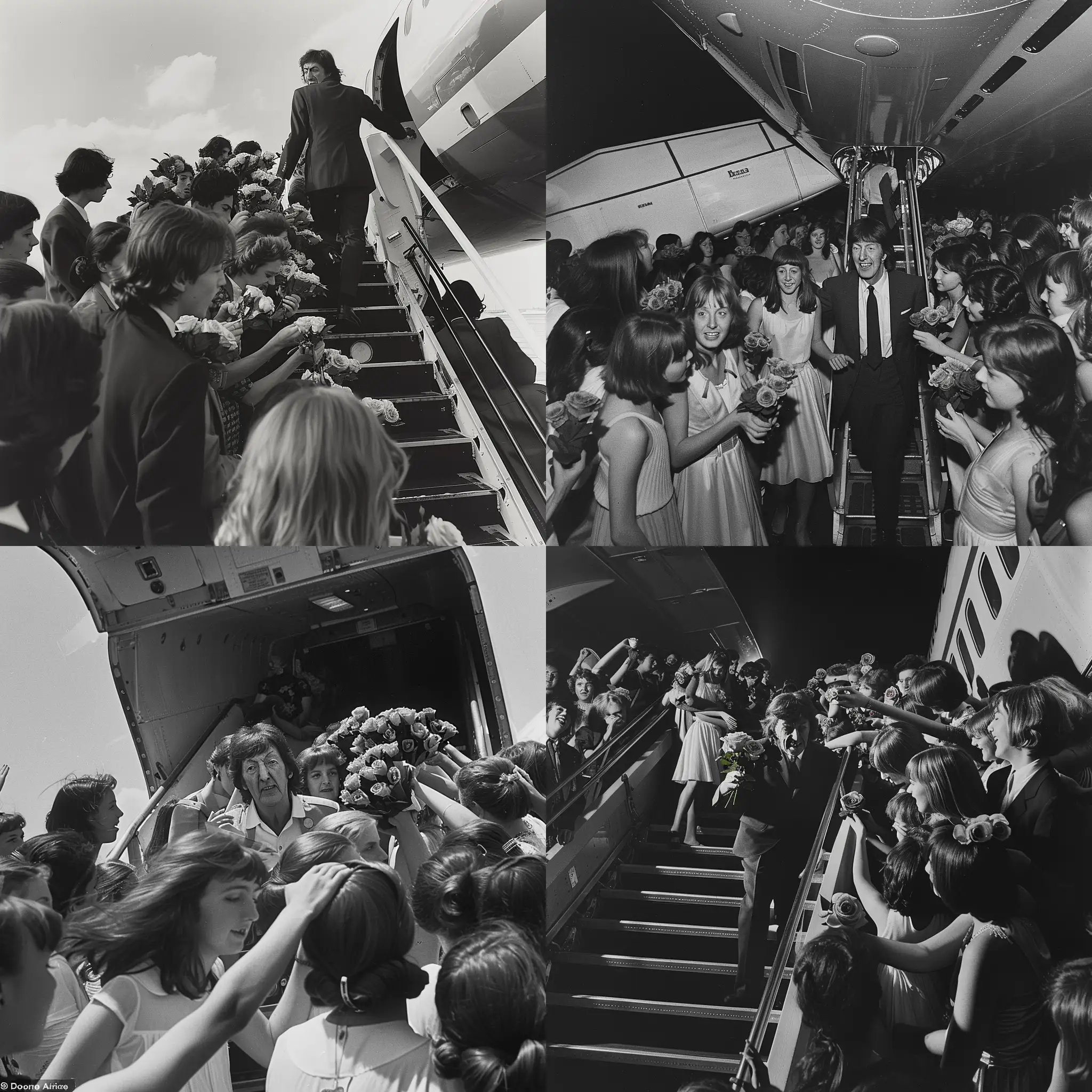 Пол Маккартни спускается с трапа самолета British Airlines его встречает толпа девушек с розами.