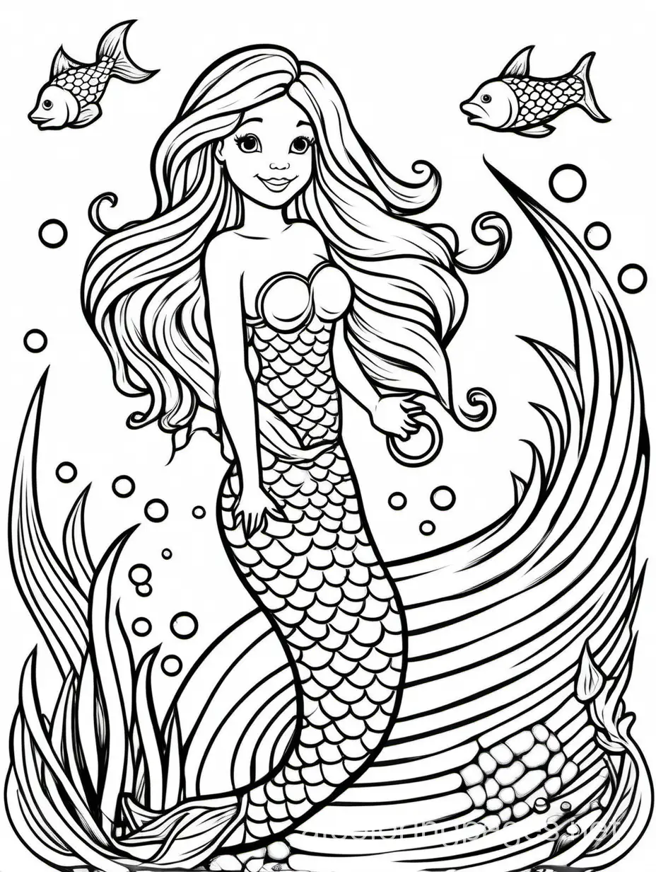  mermaid for kids, Coloring Page, black and white, line art, white background, Simplicity, Ample White Space. The background of the coloring page is plain white to make it easy for young children to color within the lines. The outlines of all the subjects are easy to distinguish, making it simple for kids to color without too much difficulty