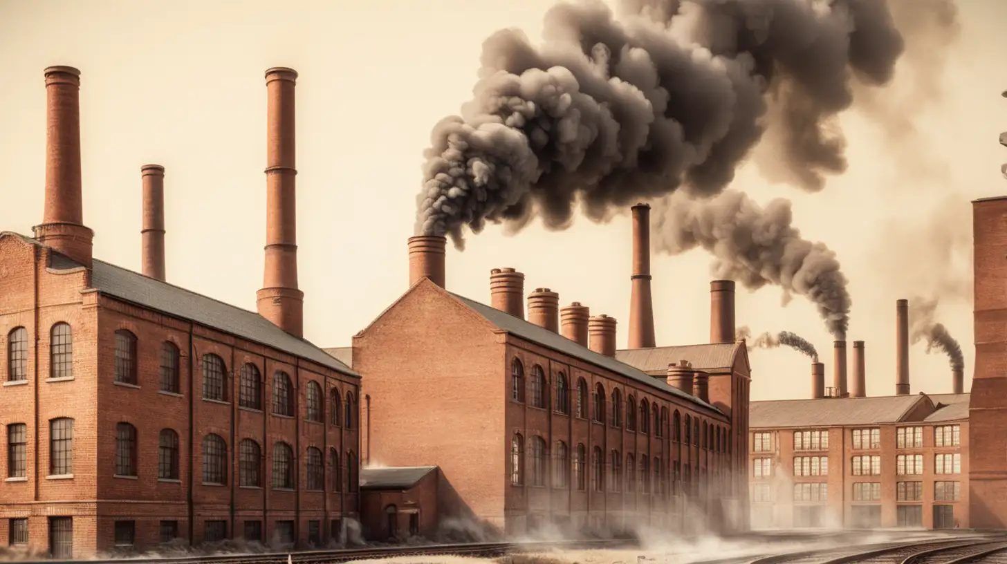 World war one factory, made of bricks with realistic buildings and smoke coming out of the chimney, retro and vintage style, make it look like a drawing, Victorian style buildings