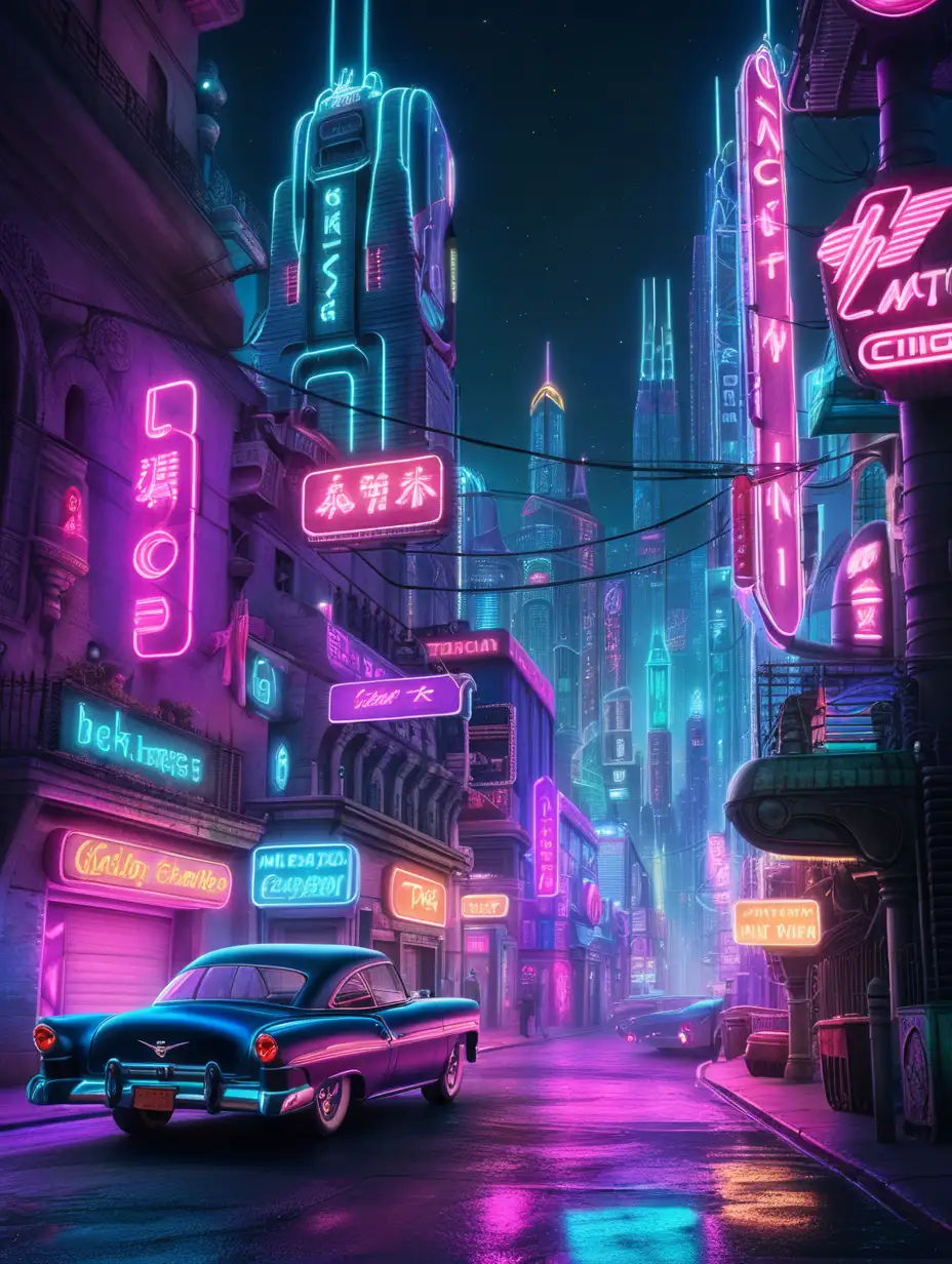 1950s cyperpunk neon city at night time 