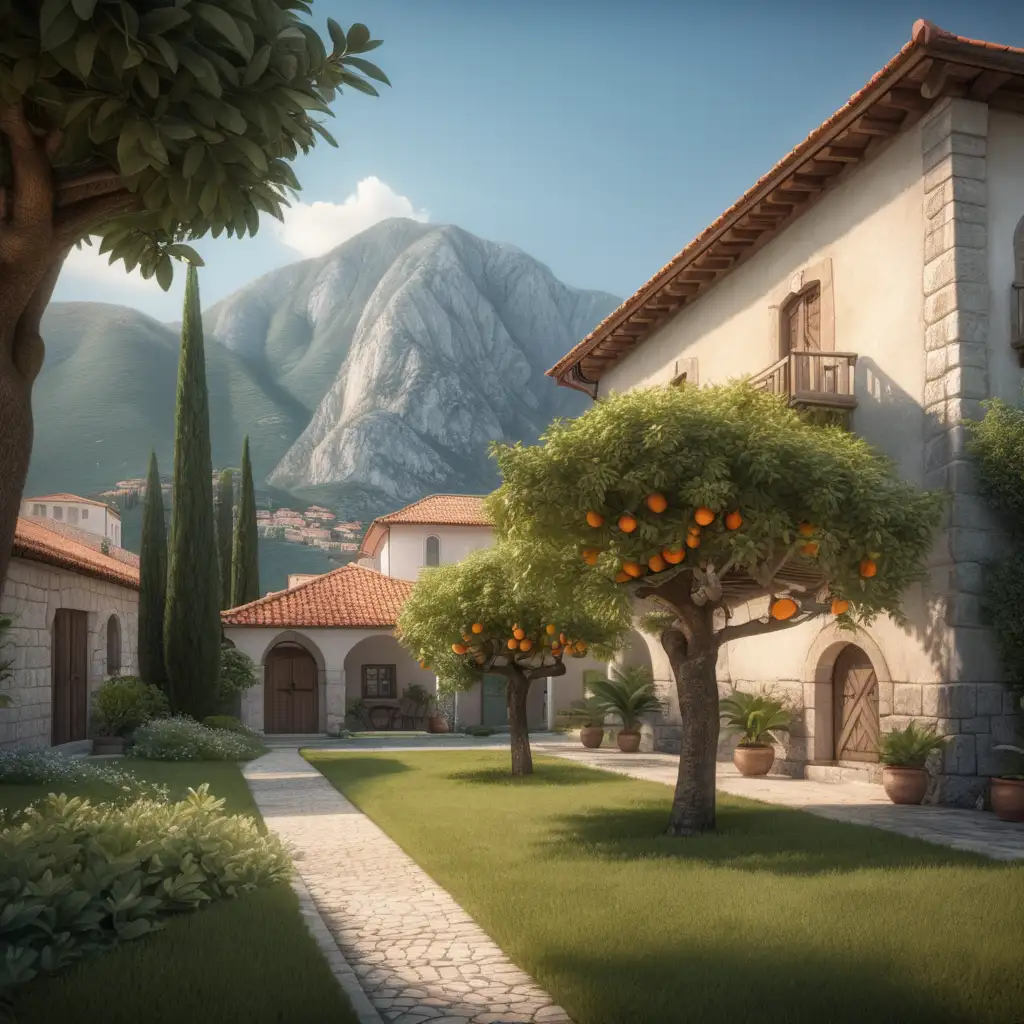 an little garden behind a house with mandarin-trees and mountains. medieval montenegrin setting, Aim for a Pixar-style rendering.

