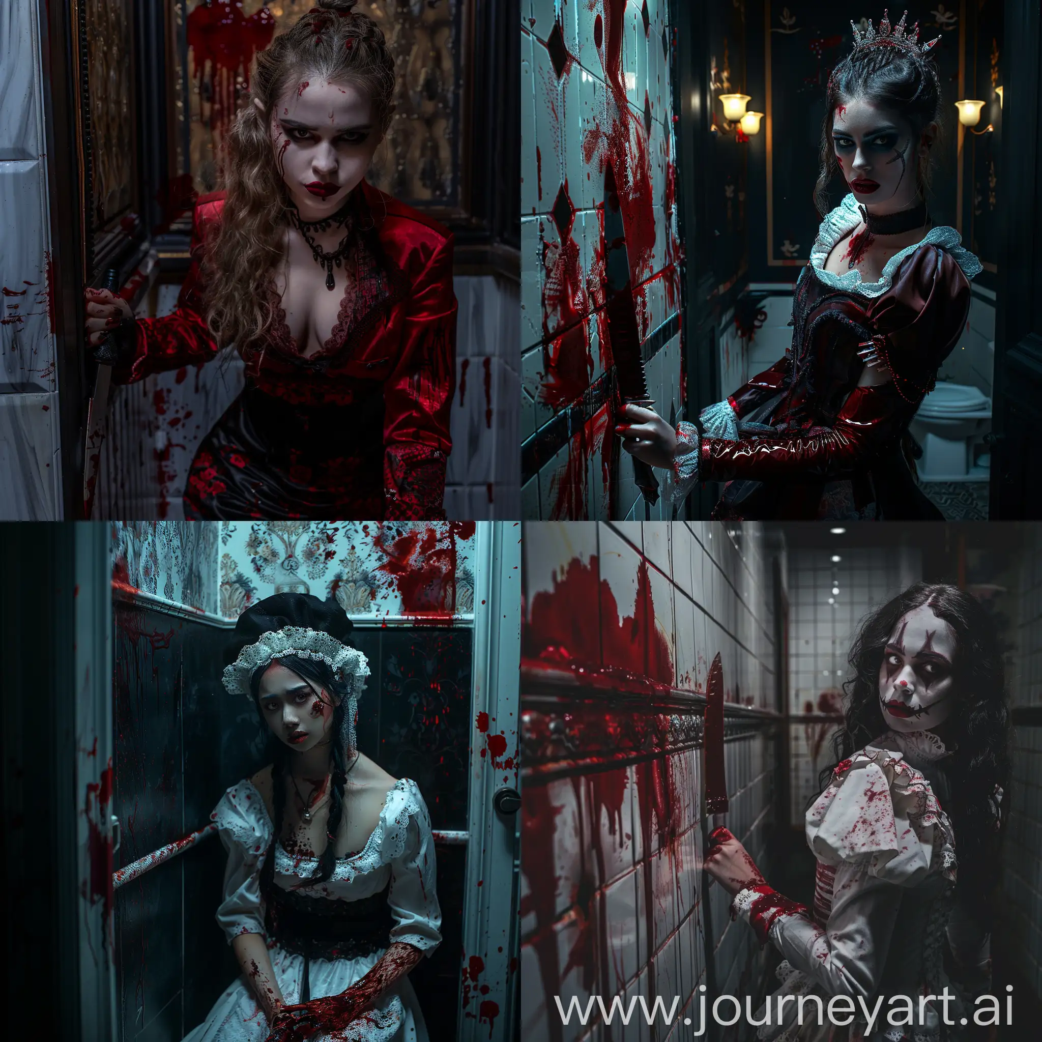 The Angry Princess from 13 Ghosts movie, depicted in her own attire and make up, blood, knife, at a dark creepy hotel bathroom, bloody walls, cinematic lighting, realistic image