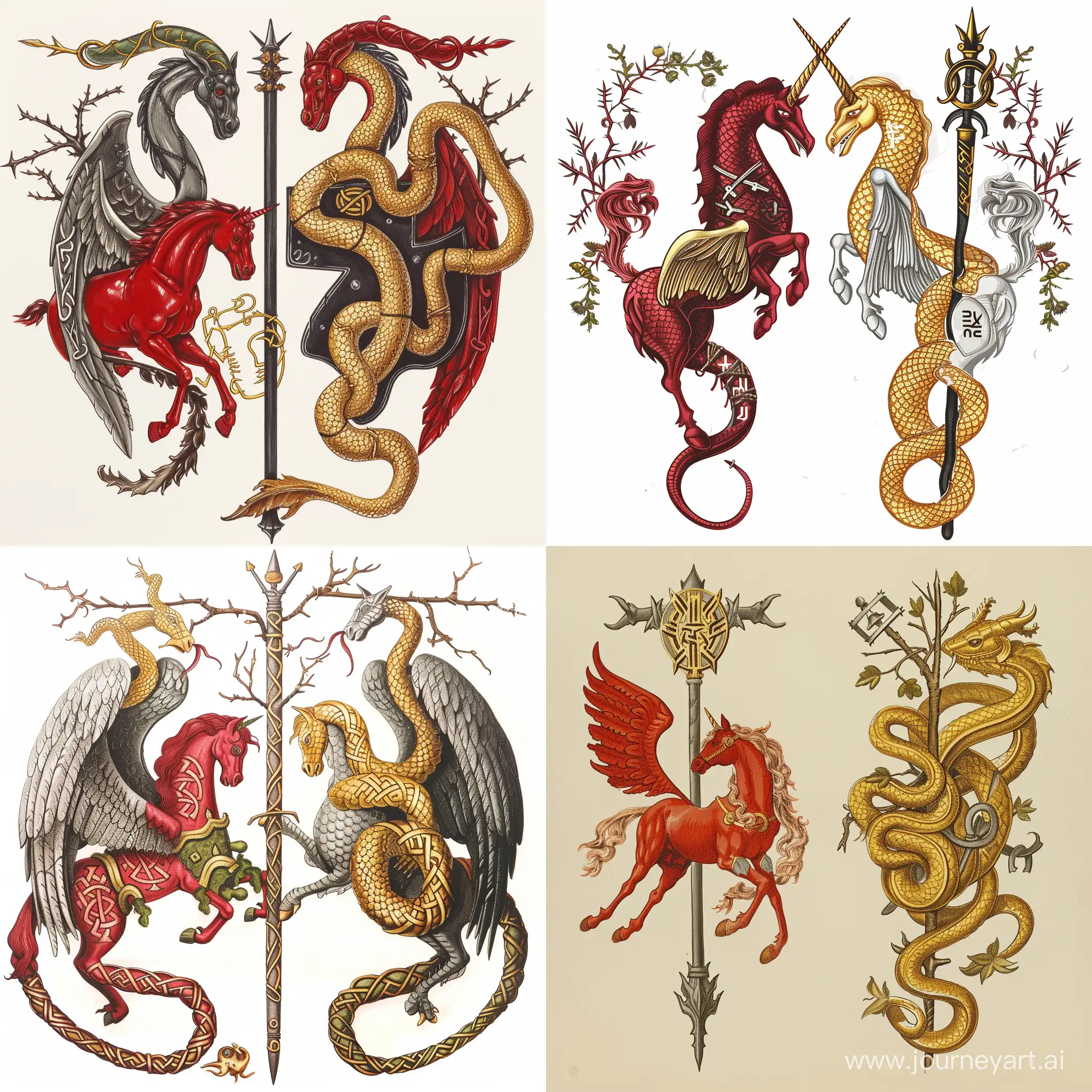 family coat of arms, Celtic heraldry, runes, on the right a golden snake entwining a staff, on the left a red pegasus on end, thorn branches at the top