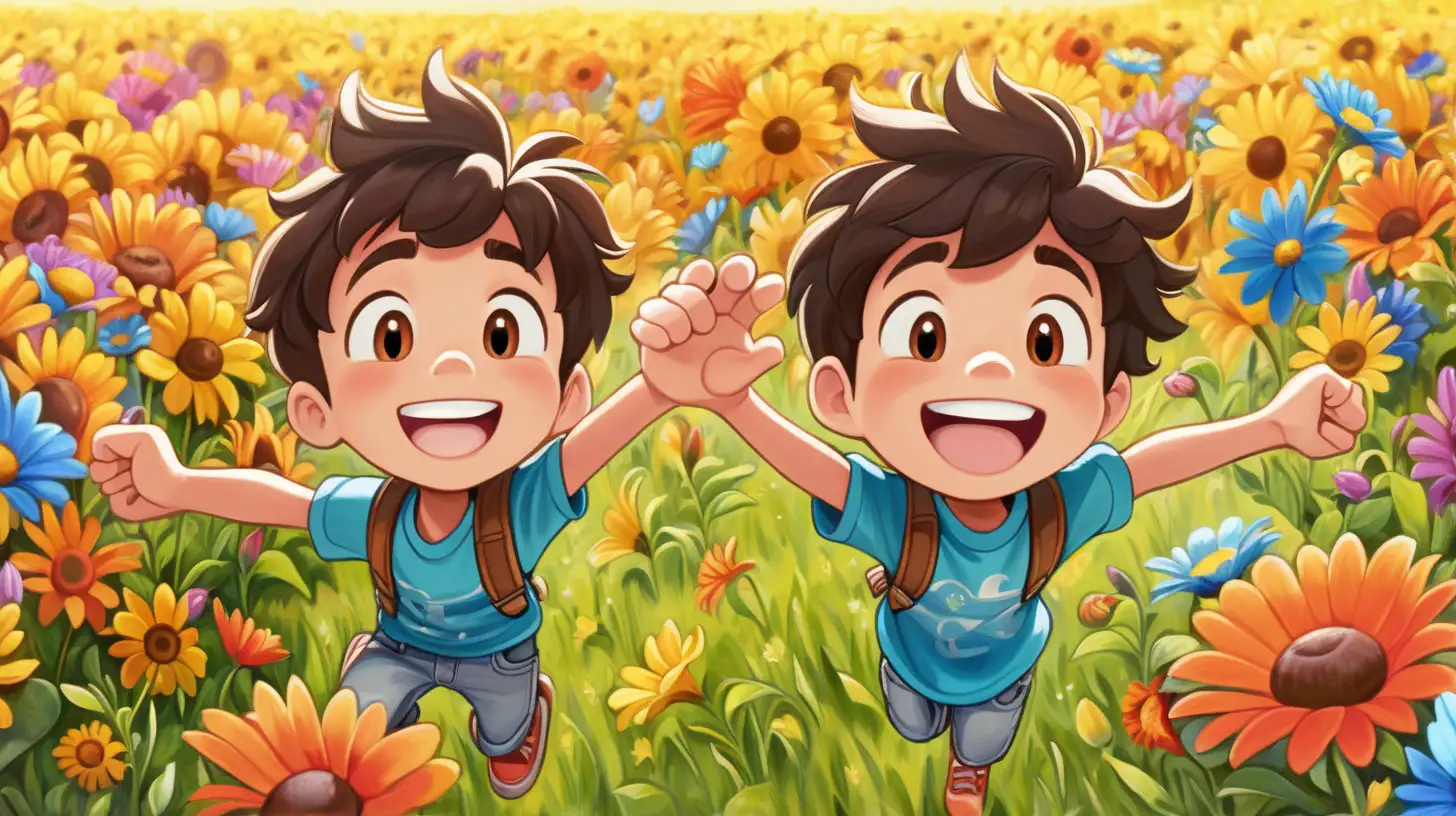 A cheerful animated boy surrounded by a field of vibrant flowers, expressing pure joy.