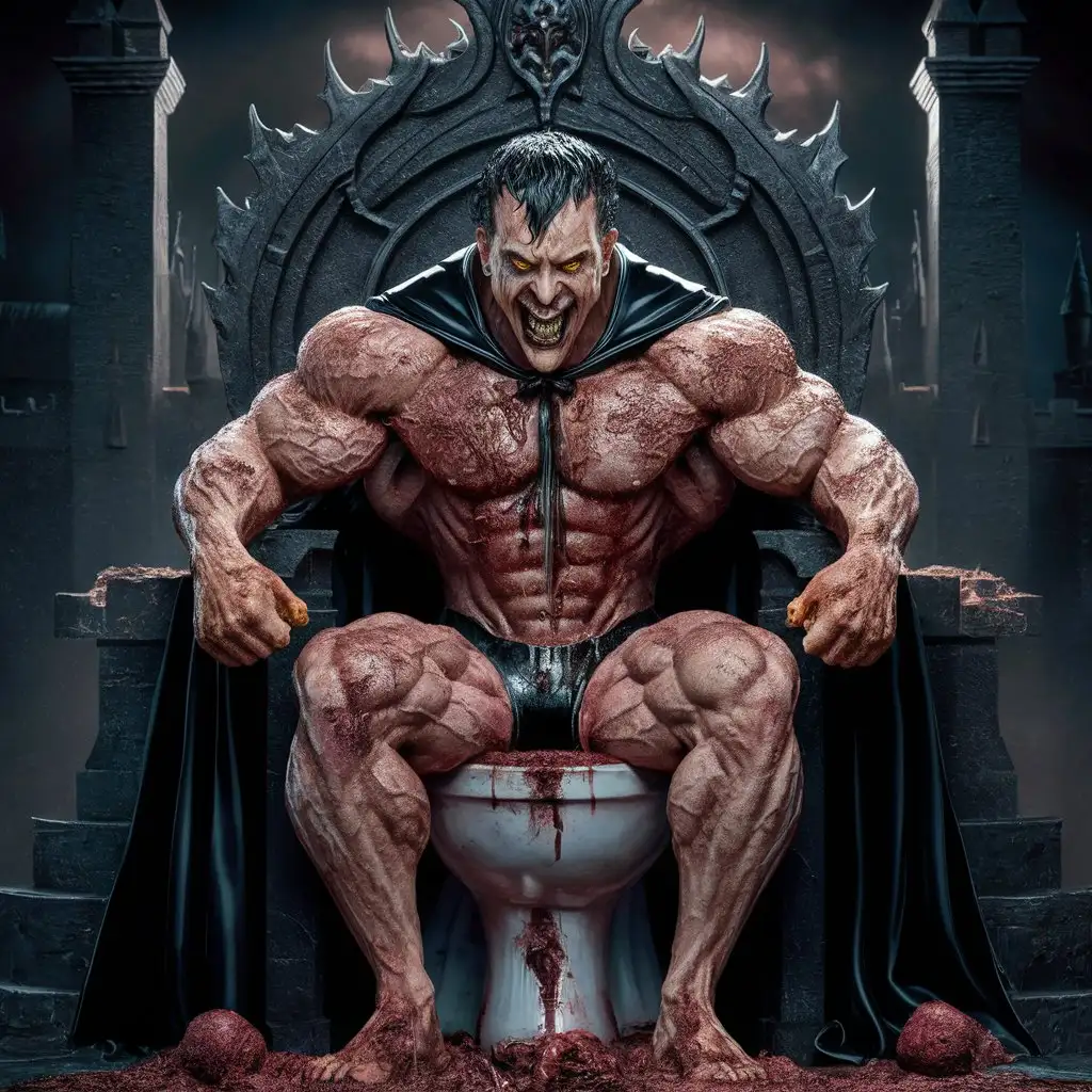 (Realistic Full body inside evil castle) Adrian is the biggest and most muscular bodybuilder in the world. He is a disgusting and evil king. He has a sinnister and perverse grinn with yellow teeth. He has wet, dark, greasy and slicked back hair and a goatee. He is wearing a black latex bodysuit and a black royal cape. Hes has enormous muscles. He is sitting on hes evil throne wich looks like a big shitstained toilet. Hes body is covered in shit