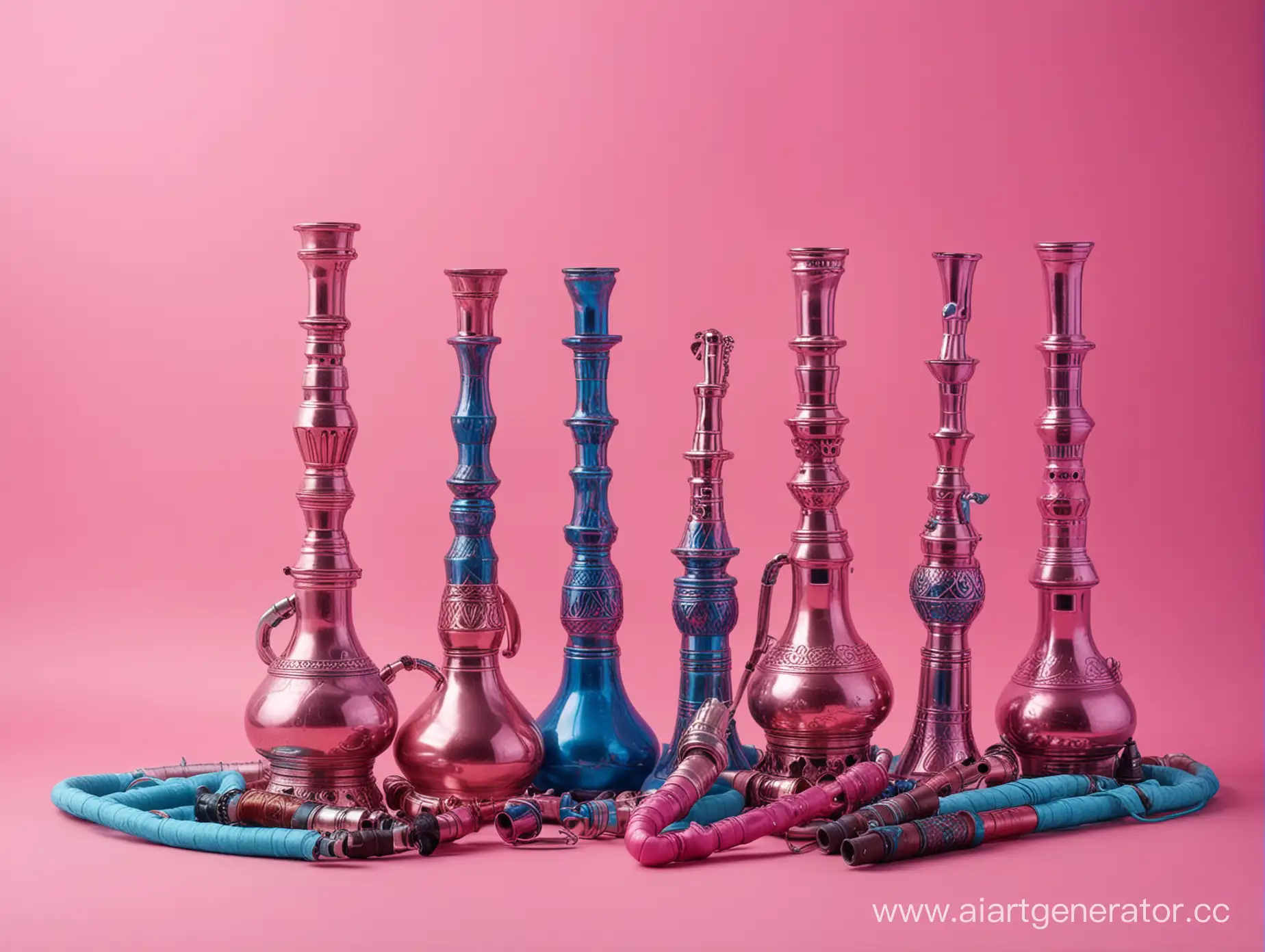 Colorful-Hookah-Assortment-on-Pink-and-Blue-Background