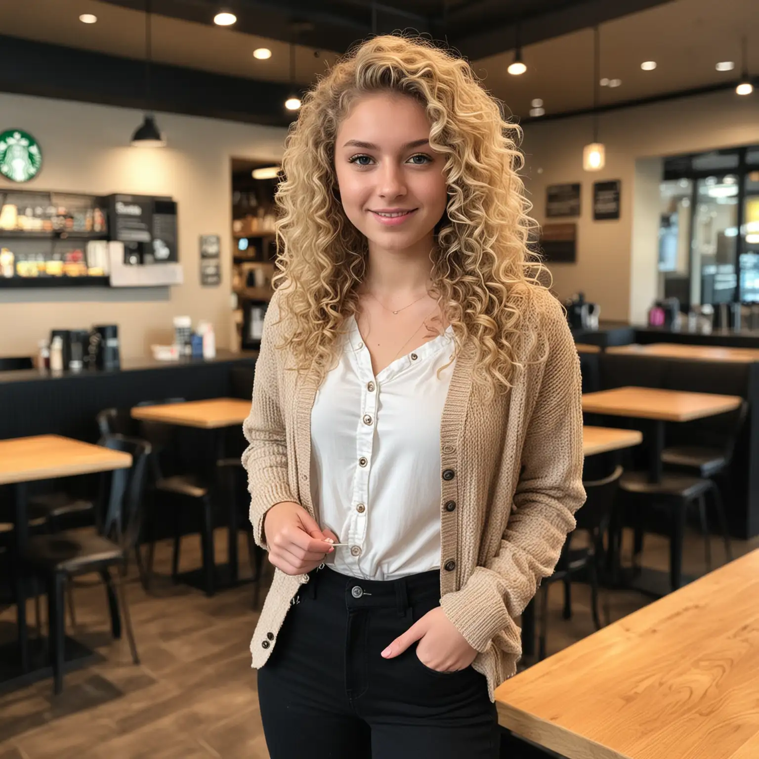 curly blonde hair teenage girl with cardigan over blouse and black wide leg jeans for a job interview at starbucks. should look like a teen girl