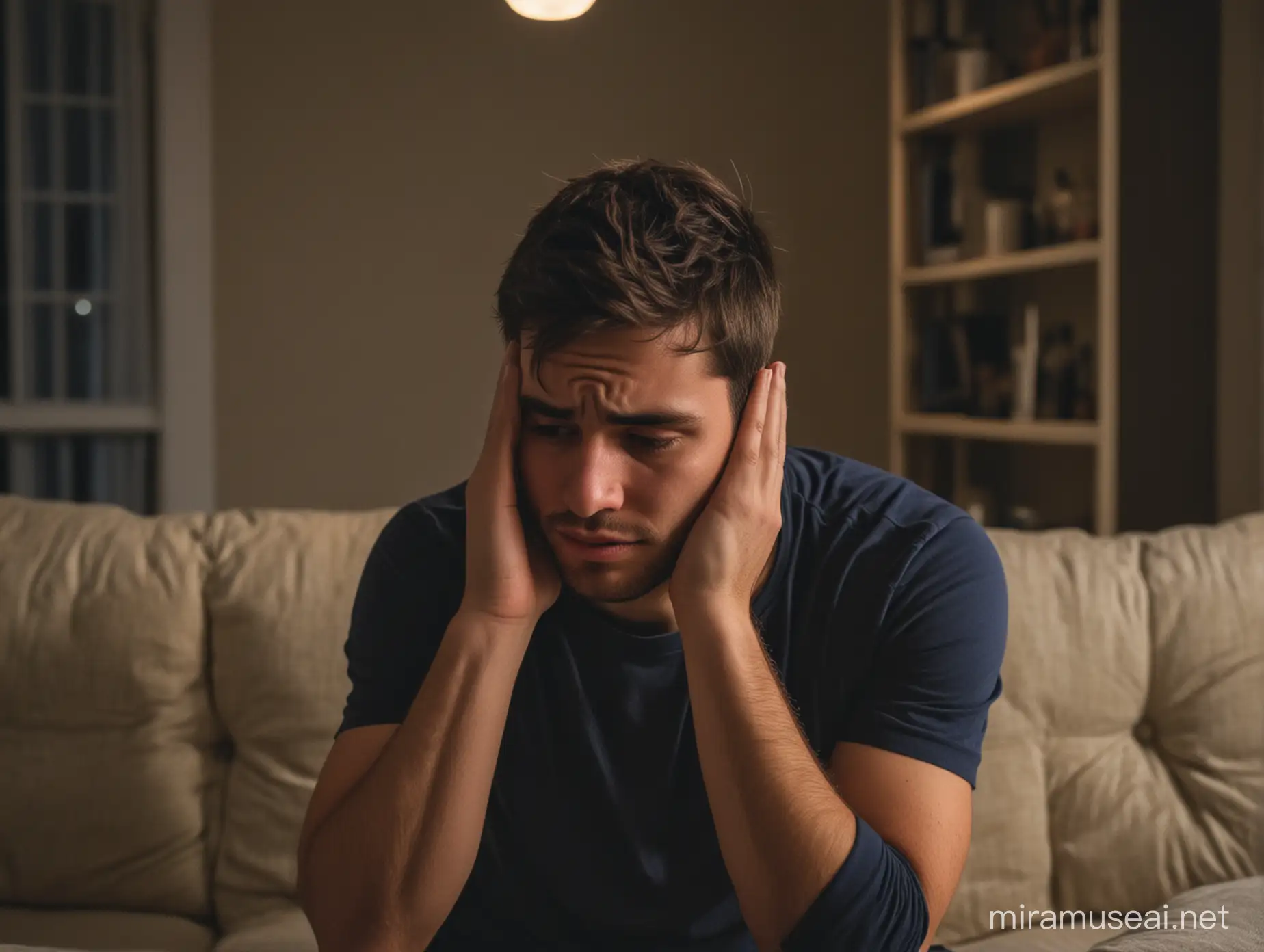 un hobre joven adulto sentado en la sala de su casa preocupado con las manos en la cara en la noche