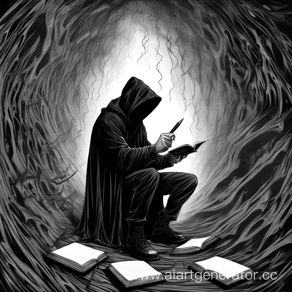 Мужчина в черном капюшоне в бездне пишет книгу пером