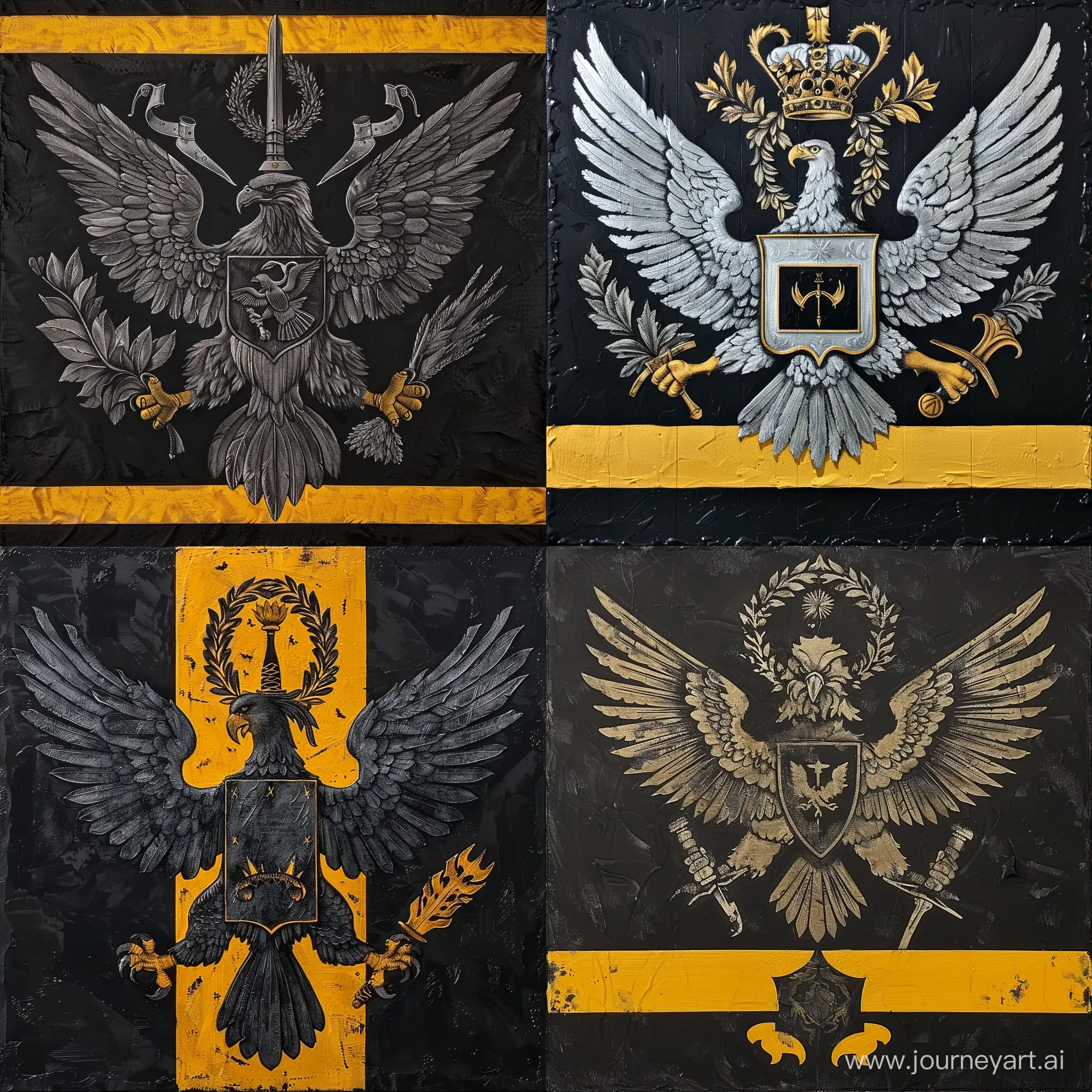 Герб, двухглавый орёл держит венок и меч, фон герба чёрный в жёлтую полоску