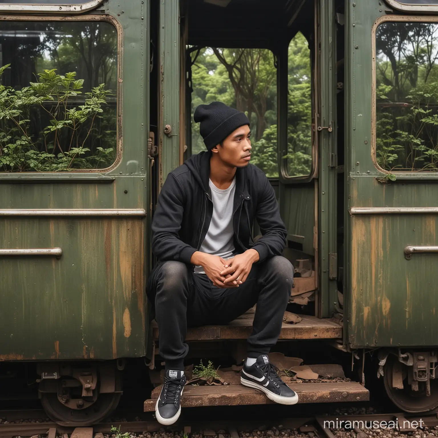 make a very realistic picture of a handsome indonesian man aged 22 years, thin body, wearing black beanie, casual clothes, sneakers, sitting at the door of a stopped train carriage, beside him there's a beautiful indonesian girl, lied to the train carriage, the train carriage is damaged and dusty and overgrown with bushes and moss, train station background old unused in the rainforest, cloudy weather