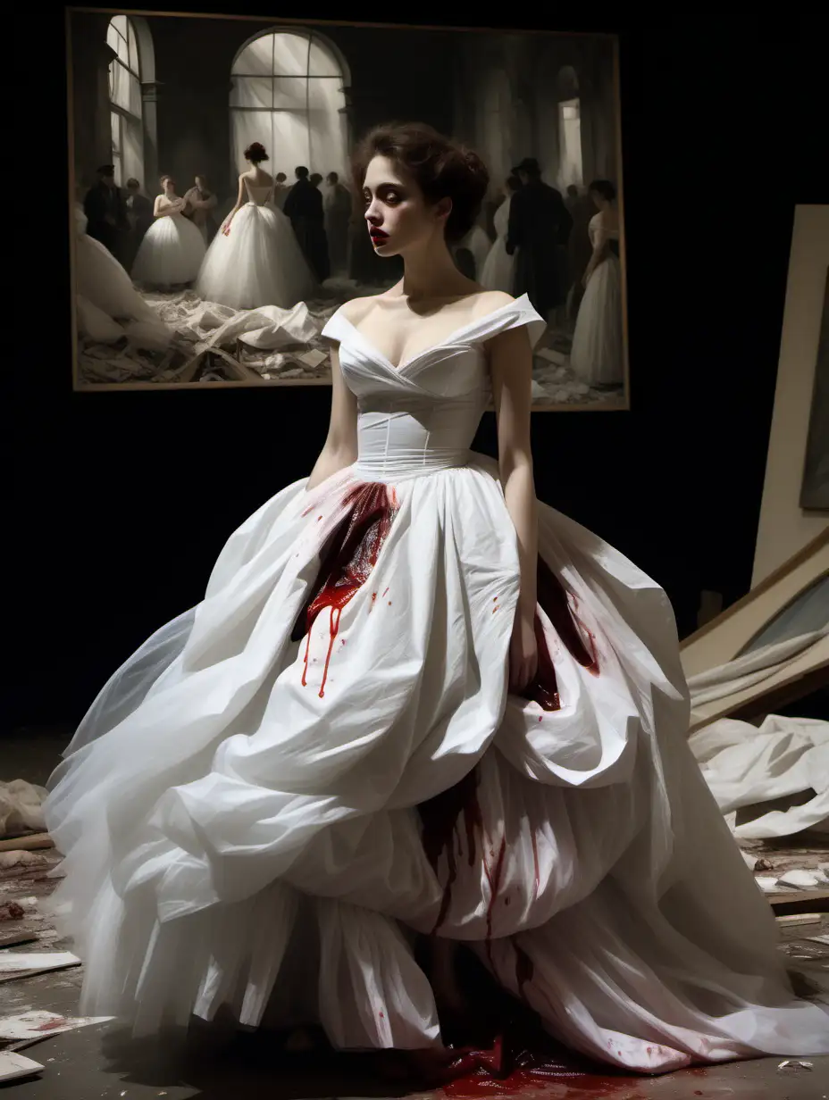 Σκηνή θεάτρου βομβαρδισμένου. Μια ηθοποιός με άσπρο φόρεμα με τούλια και πτυχώσεις από ταφτά και λίγο αίμα να τρέχει από την κοιλιά στυλ Άννα Καρένινα και ζωγραφική Πικάσο