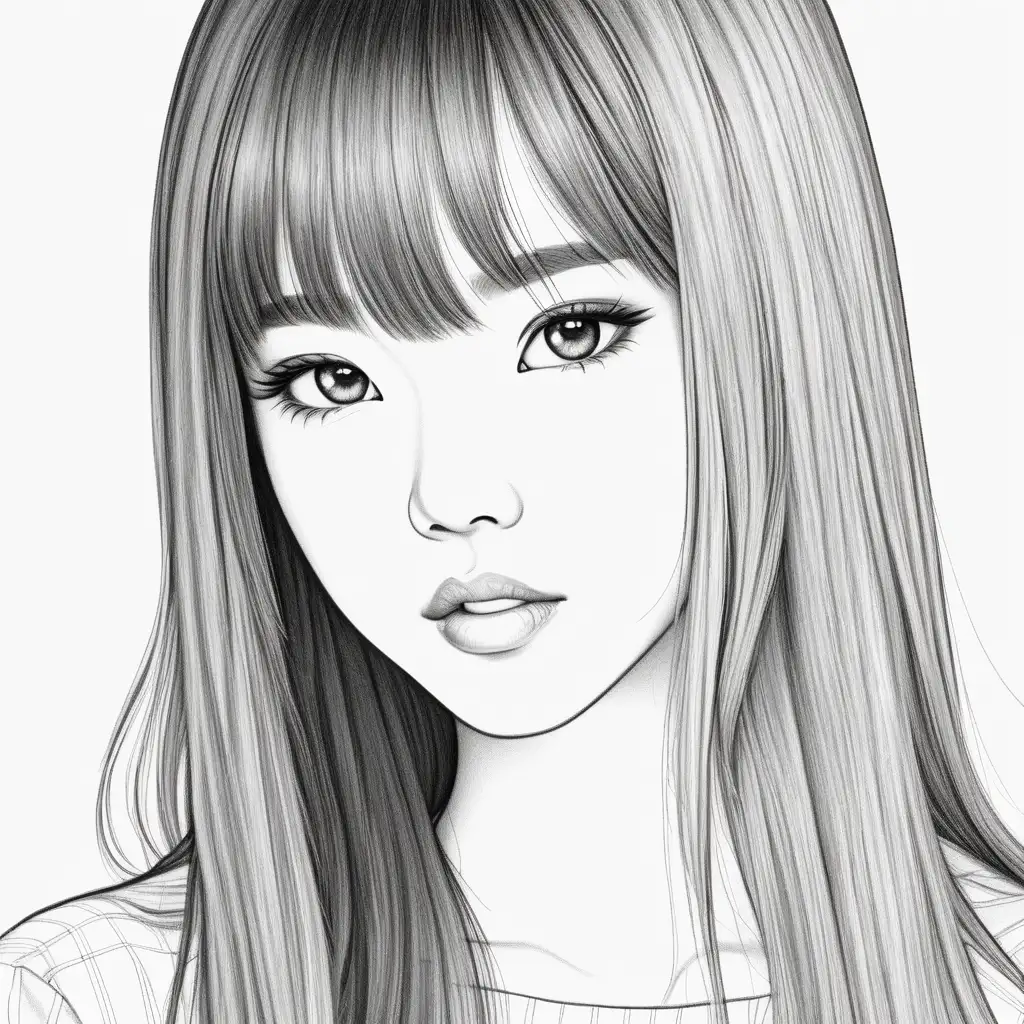 Monochrome Portrait Sketch of Elegant Asian Female Super Model with Long Hair