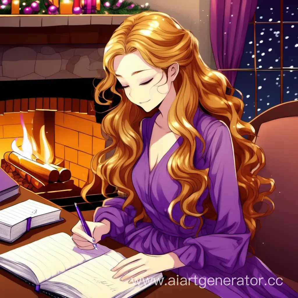новый год, девушка, медовые длинные волнистые волосы, фиолетовое платье, средняя грудь, пишет в блокнот, у камина