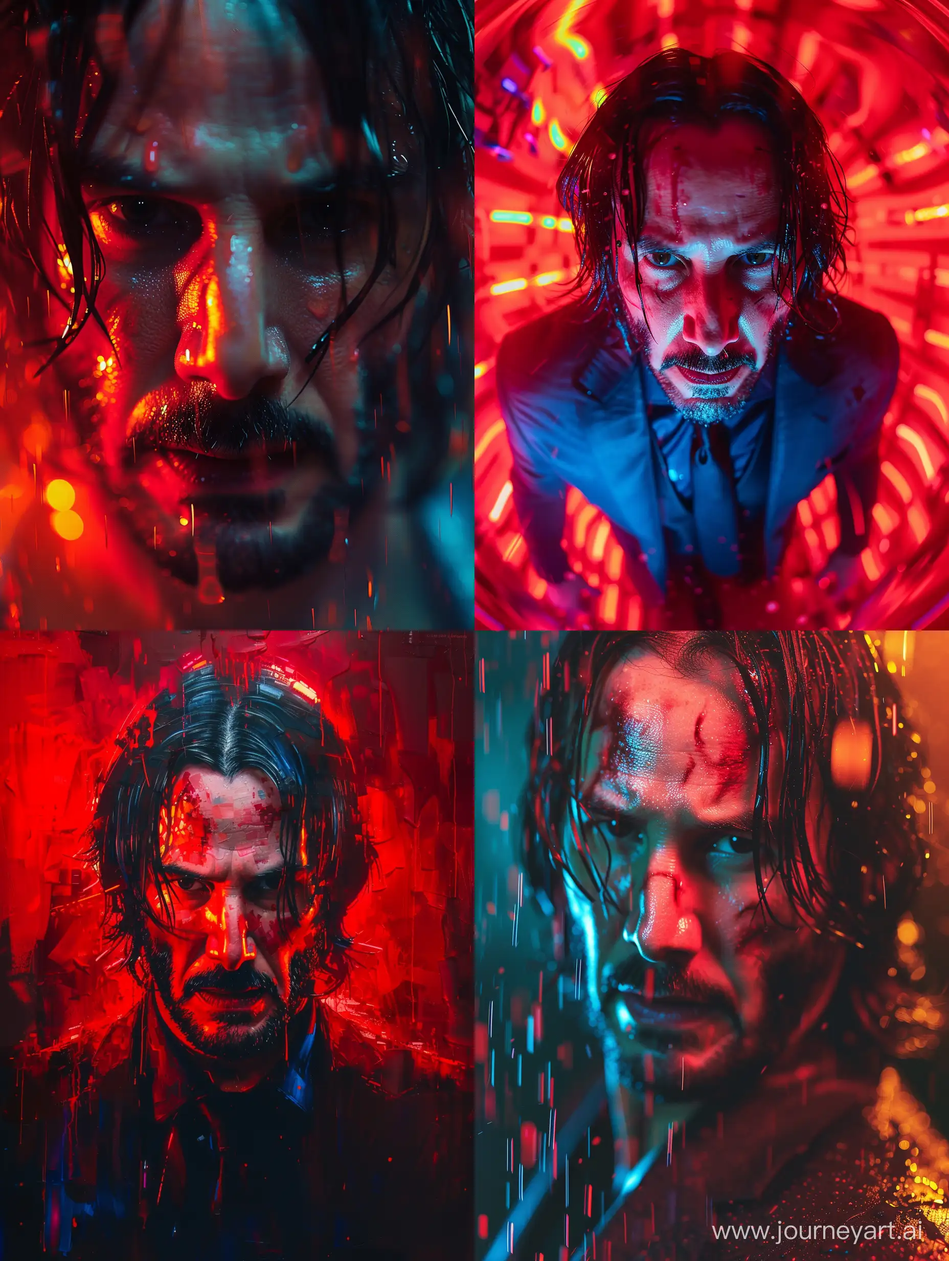 Very very extreme absurde fantastic a john wick ,extreme closeup with fisheye ,dynamic red light neon effect camera angle dramatic ,colorful ,fashion shoot ,highly detailed --ar 3:4 --style raw --stylize 500 --v 6
