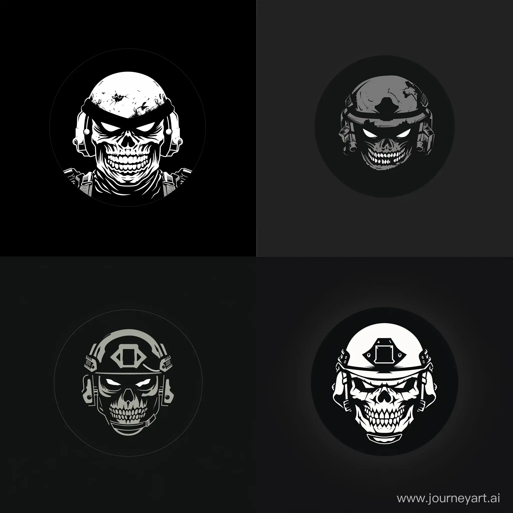Minimalistic-Black-Logo-with-Angry-Smile-and-Skull-Mask-on-Modern-Military-Equipment
