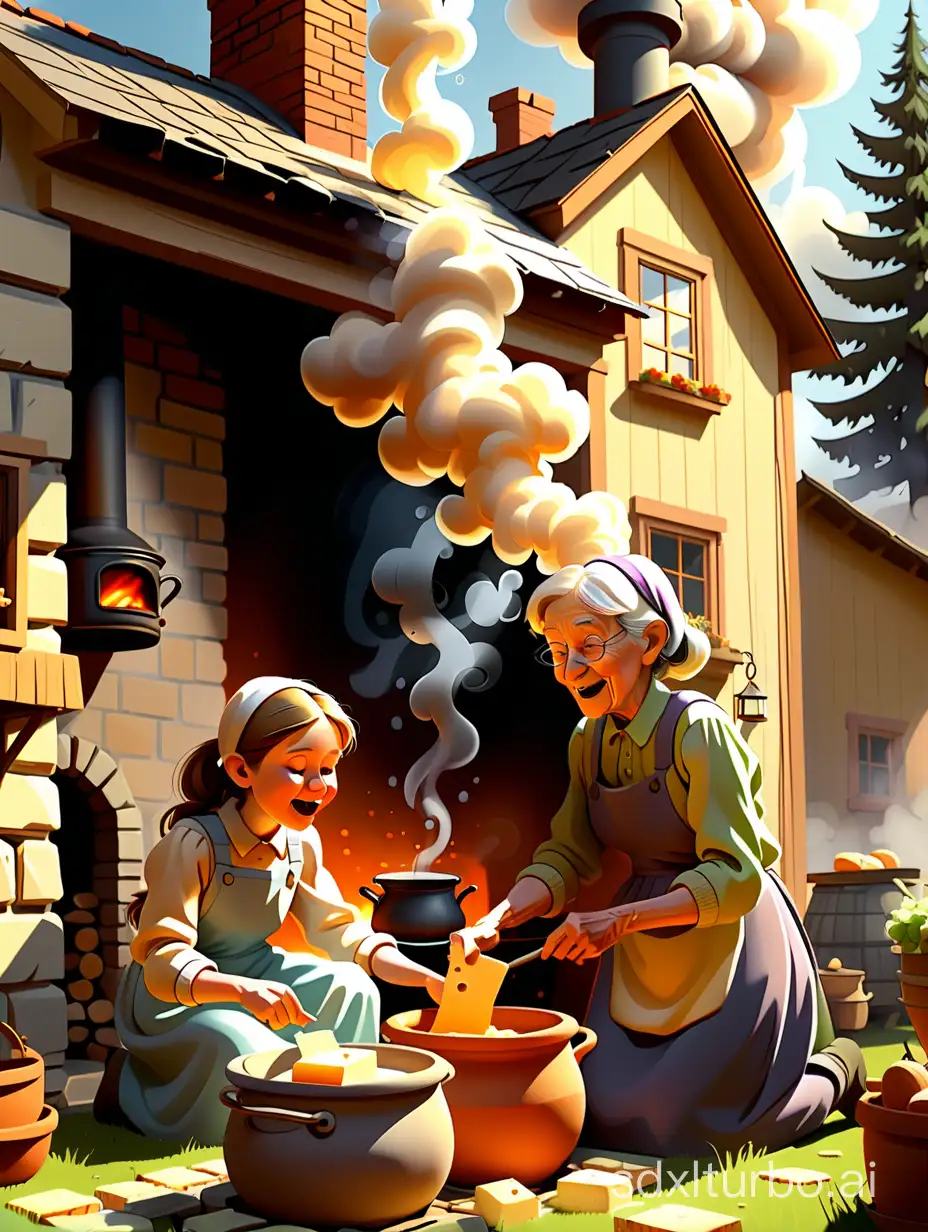 Smoke billows from the chimney of the cosy homestead as the grandmother, and the girl tend to a pot of cheese.