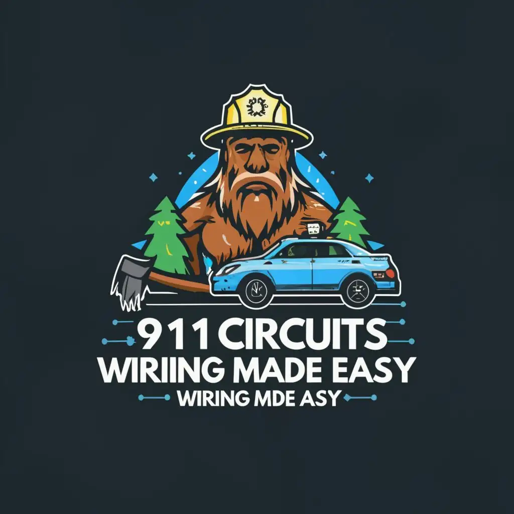 logo, police car, evergreen tree, Oregon, Sasquatch, circuit board, axe, with the text "911 circuits wiring made easy", typography, be used in Technology industry