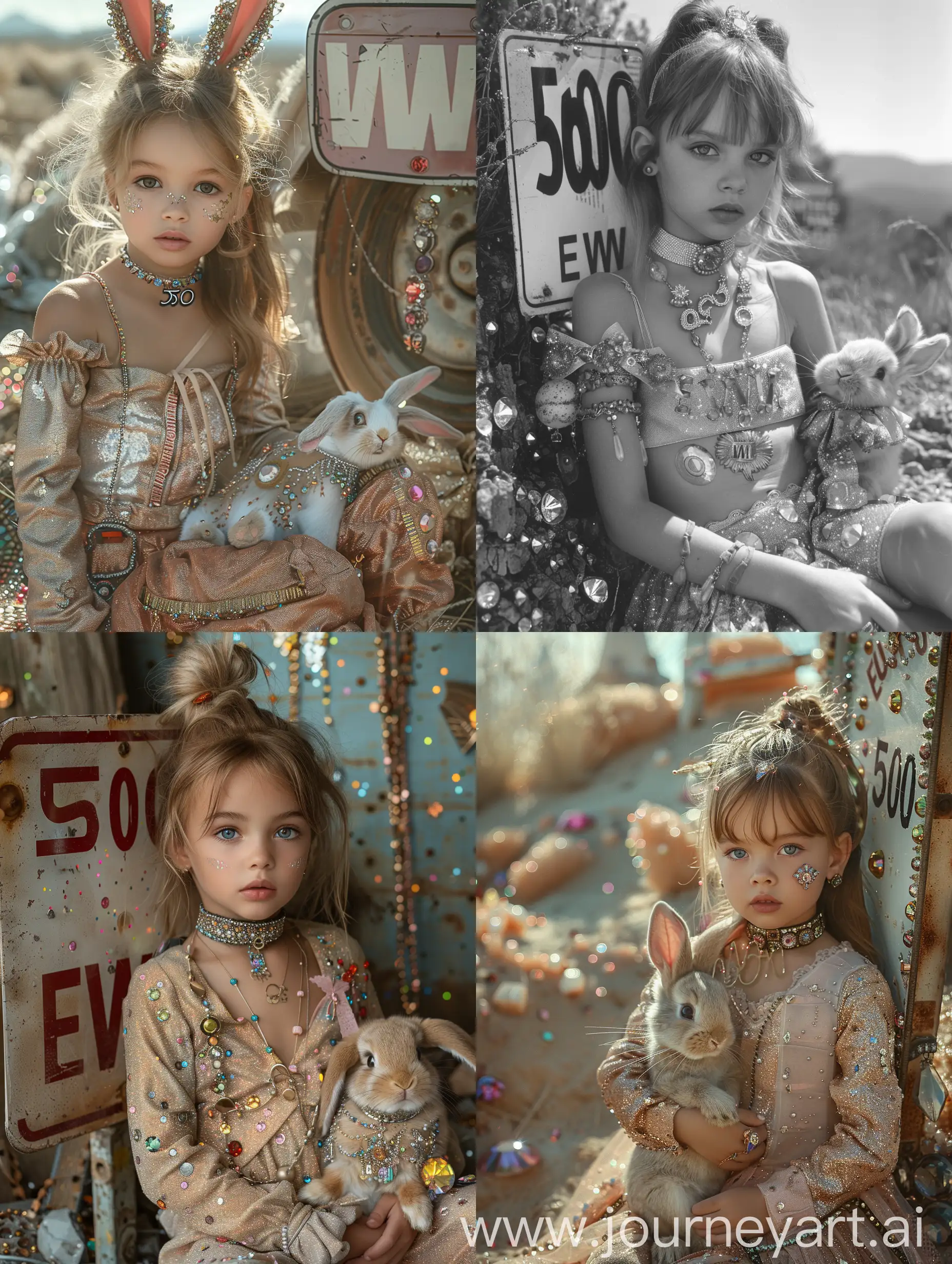 surreal photograph from a cute little girl, who is sitting next to a sign with the insription "500", the girl wear a choker with the insription "EWW" and clothes with glitter finishes and shiny gems and wears a lot of jewelry, in her arms is a cute bunny,  in the landscape there are gems, glitter and diamonds --stylize 700 --style raw --v 6
