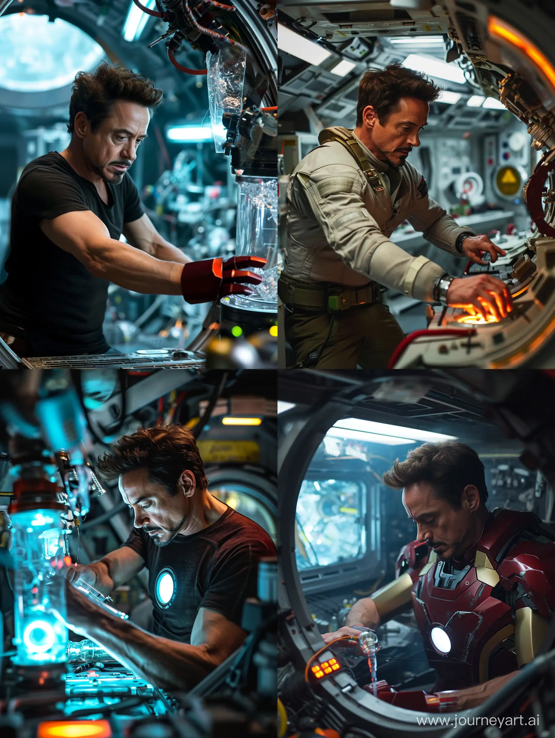 Tony stark doing experiments in space ship.midjourney