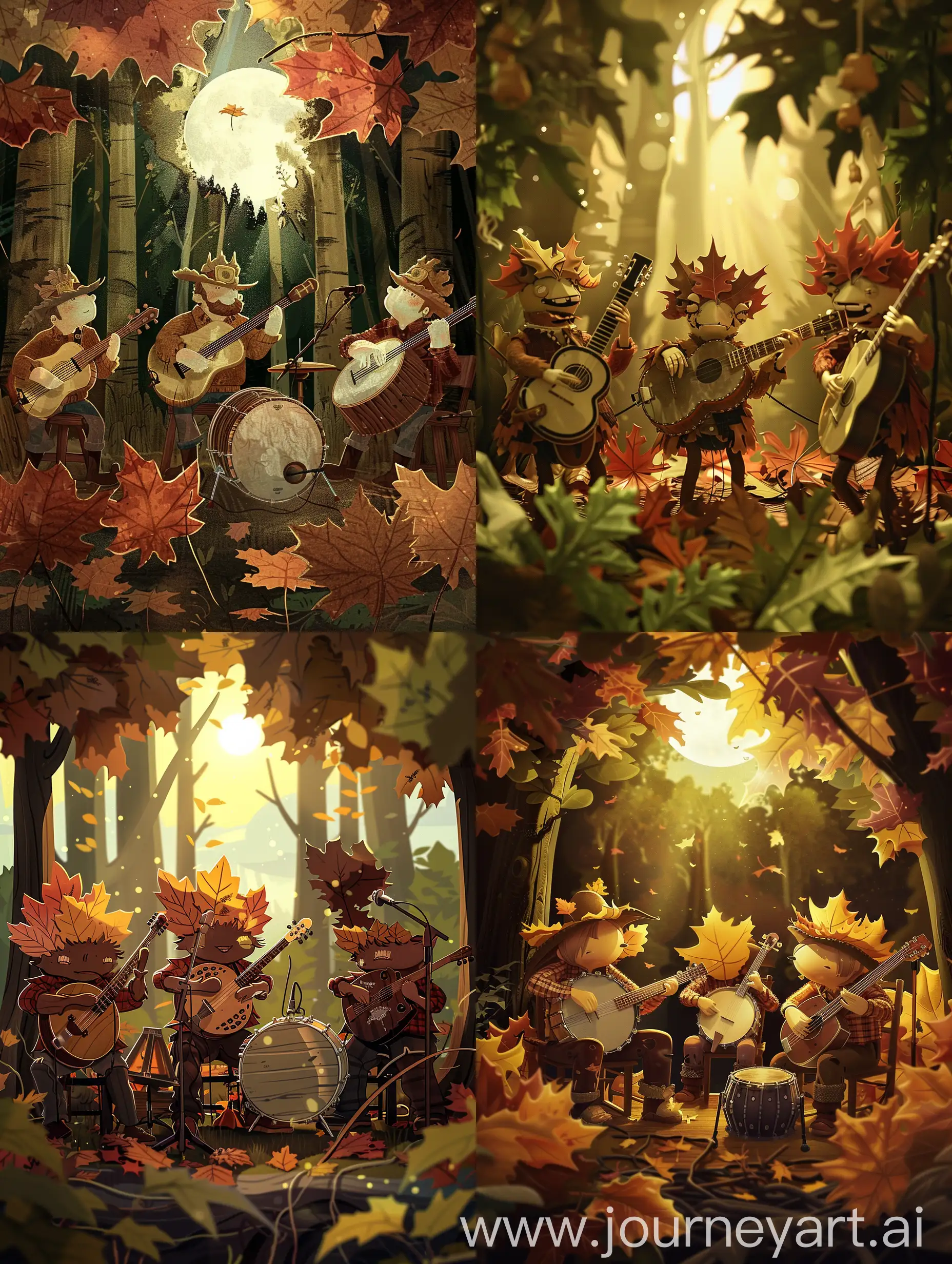 A 2D animation of a folk music band composed of anthropomorphic autumn leaves, each playing traditional bluegrass instruments, amidst a rustic forest setting dappled with the soft light of a harvest moon.