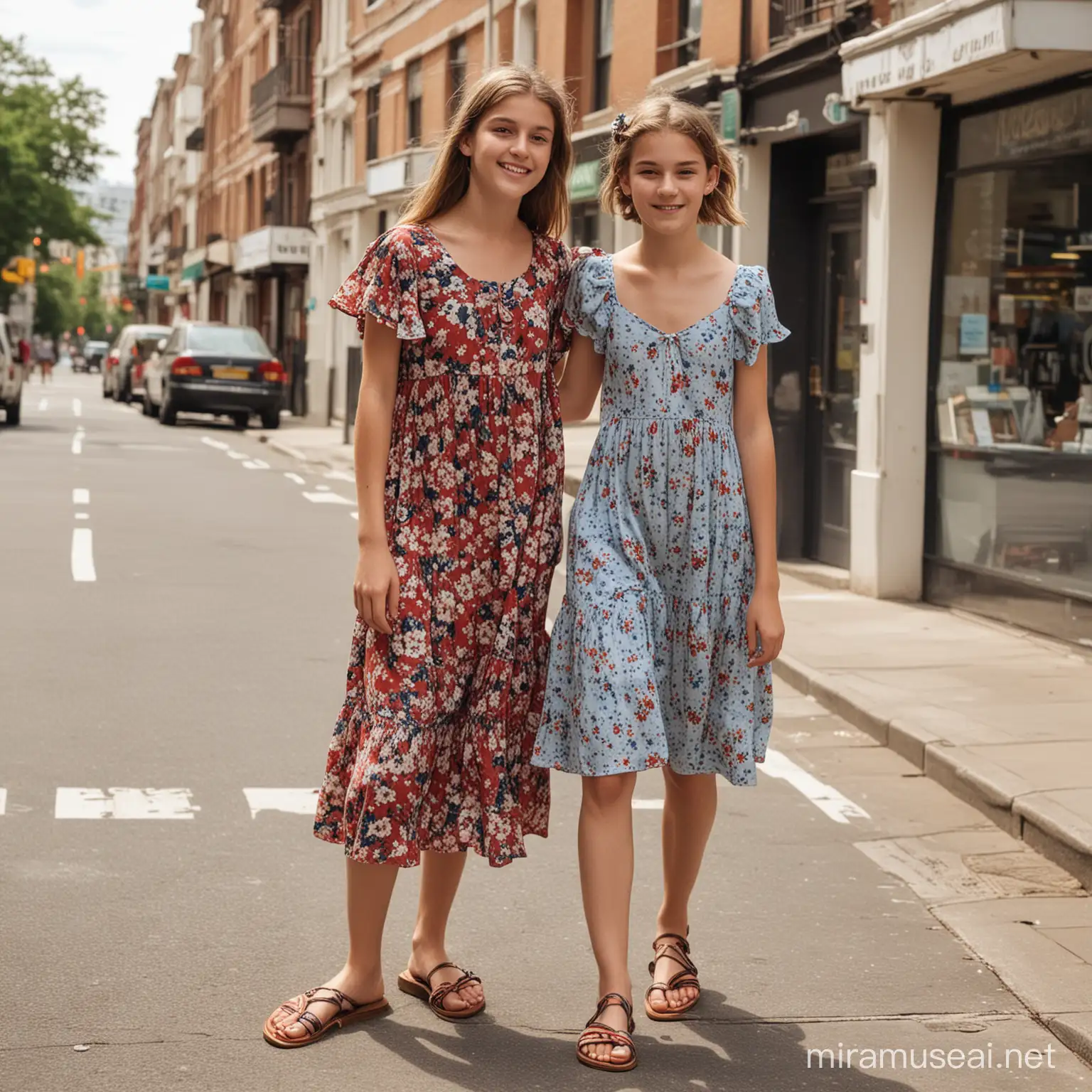 Teenage Boy in Floral Summer Dress Explores City with Older Sister