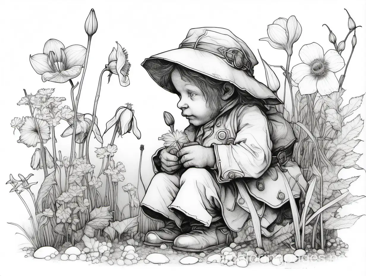 Jean-Baptiste Monge,  spring flowers, high detail, Coloring Page, black and white, line art, white background, Simplicity, Ample White Space. The background of the coloring page is plain white to make it easy for young children to color within the lines. The outlines of all the subjects are easy to distinguish, making it simple for kids to color without too much difficulty