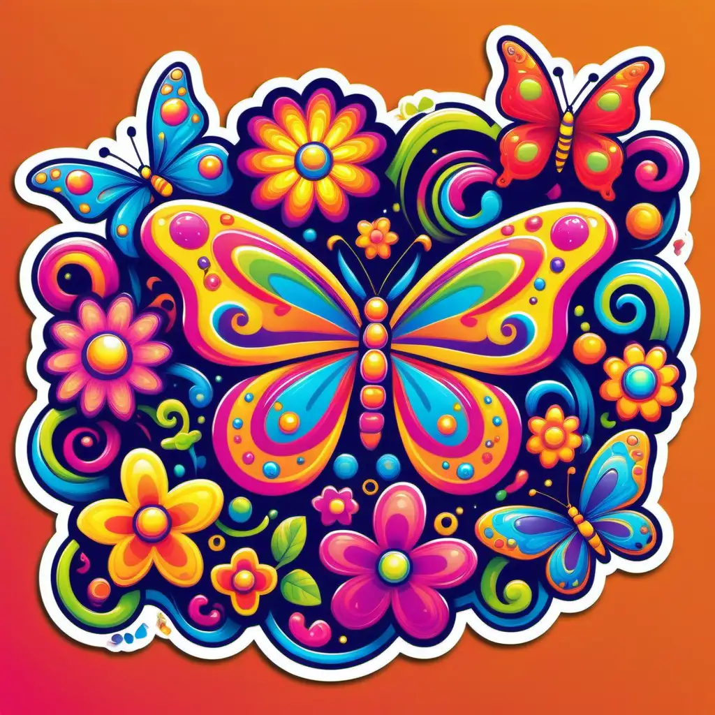 Psychedelic Floral Stickers with Groovy Patterns and Butterflies