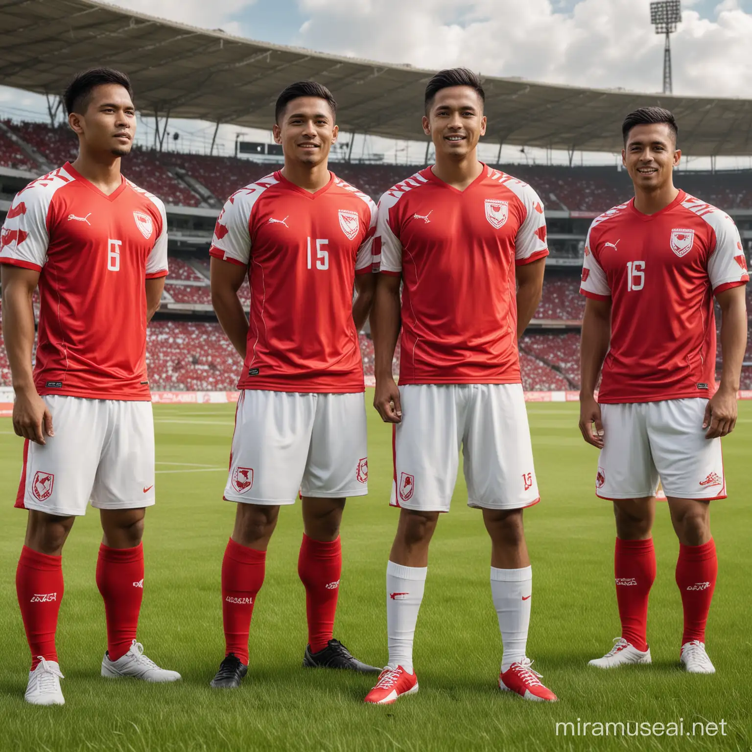 3D photo of the Indonesian men's soccer team, wearing white shorts with beautiful outlines and red t-shirts from the Indonesian national soccer team. Maracanã stadium background, grassy field, handsome man, 16k, high resolution, in open shot.