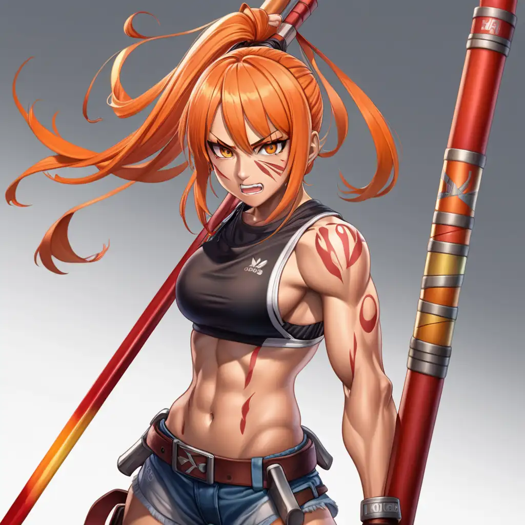 anime woman, tall, buff, muscles, wild expression, intimidating, tomboy, gradient hair, vicious, full body, bo staff, red, orange, yellow, partially armored