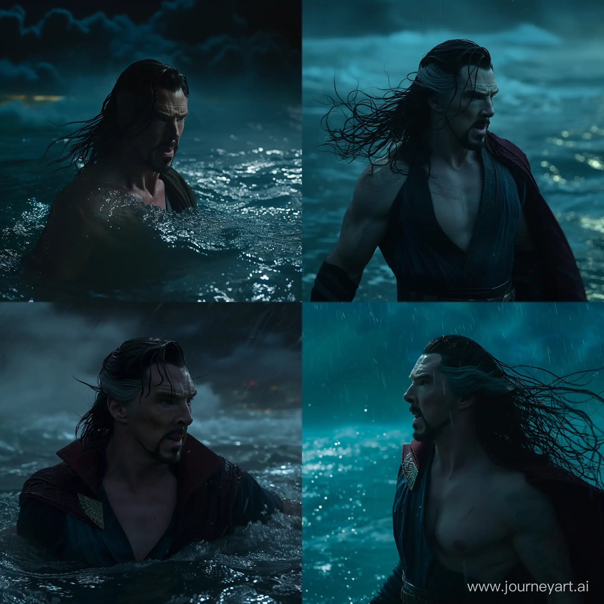 Shoulder-level shot of Doctor Strange, with long hair down, shirtless, in the sea, during night