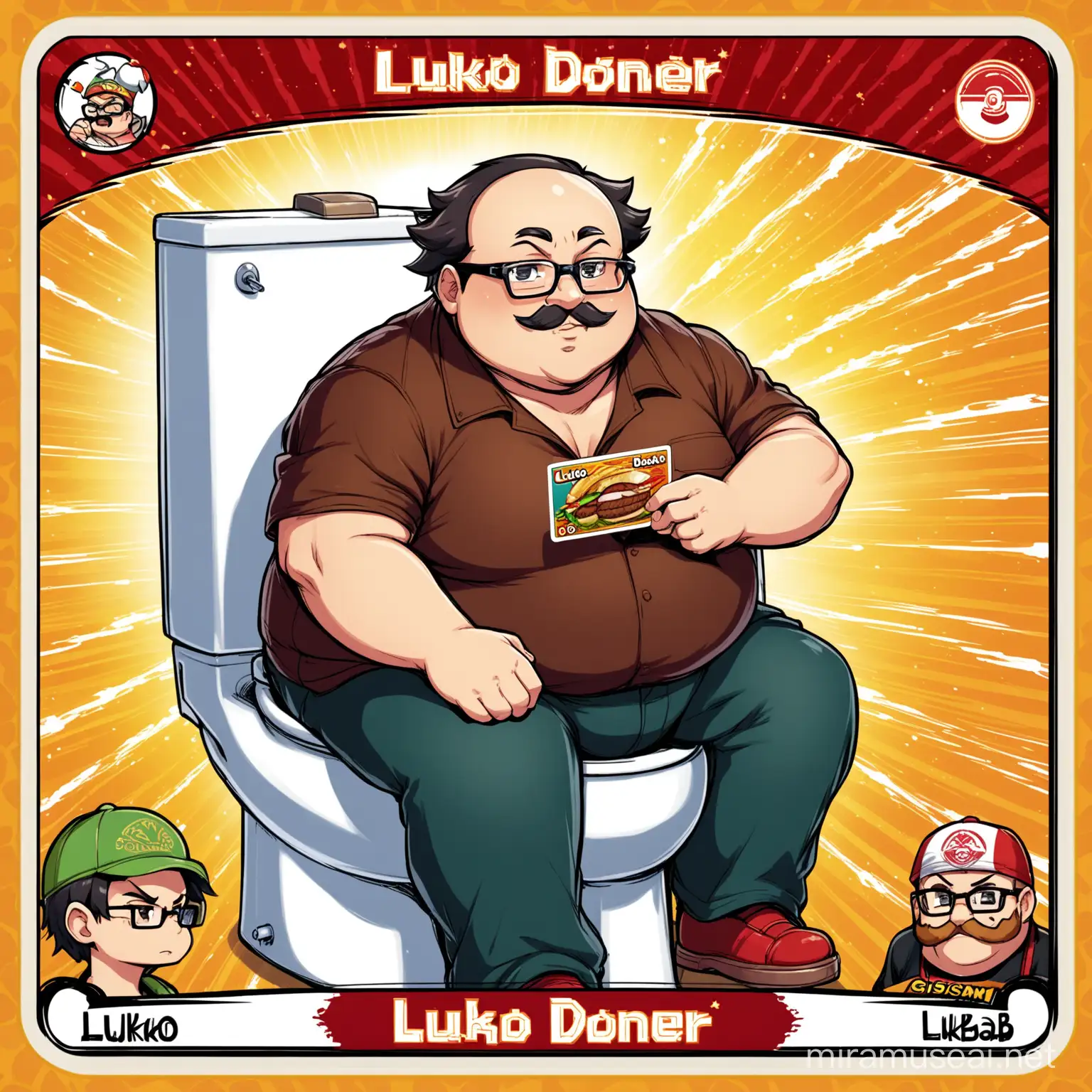 make a pokemon-like collectible card of a dark-haired, chubby, balding, slavic man wearing glasses. Have him sitting on toilet. Card name is the GISman and move set is 'toilet blast' and 'Luko Doner Kebab'.