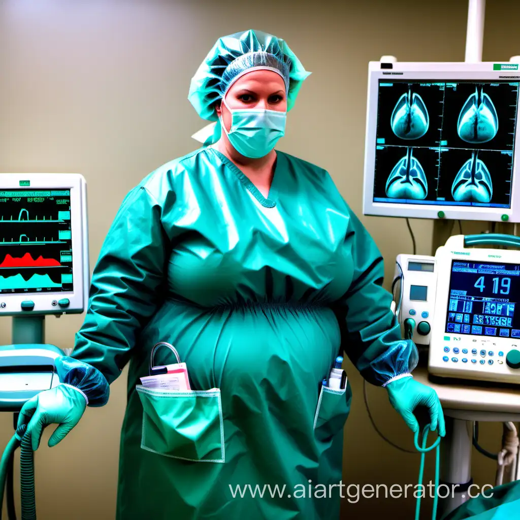 a fat female Mom nurse completely covered up for surgery wearing a very bulky teal long-sleeve surgical gown, bouffant cap, teal gloves, surgical mask, tall chunky teal rubber boots, in the hospital operating room, surrounded by heart monitors, a defibrillator, and lots of medical equipment. 