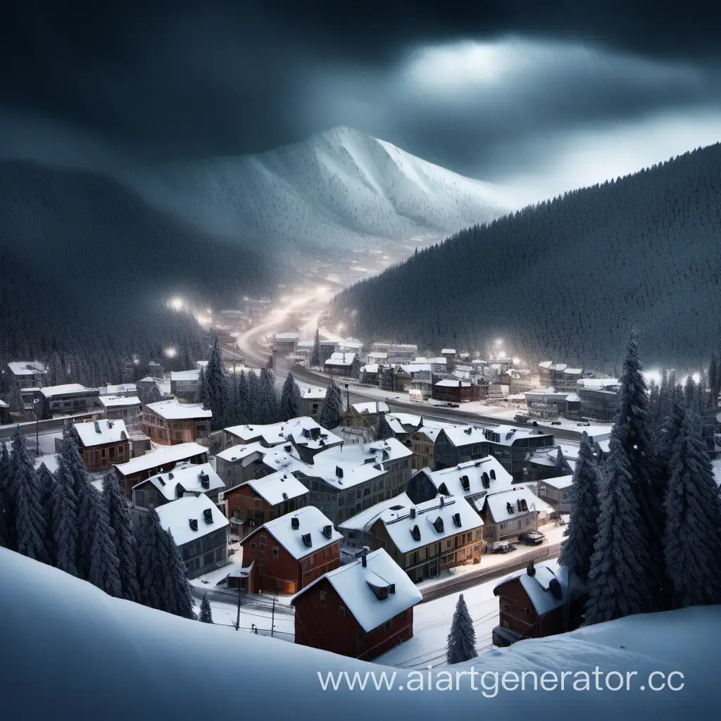 Снежная буря над маленьким городком, в городе темно, вид сверху издалека, с горы съезжает лавина
