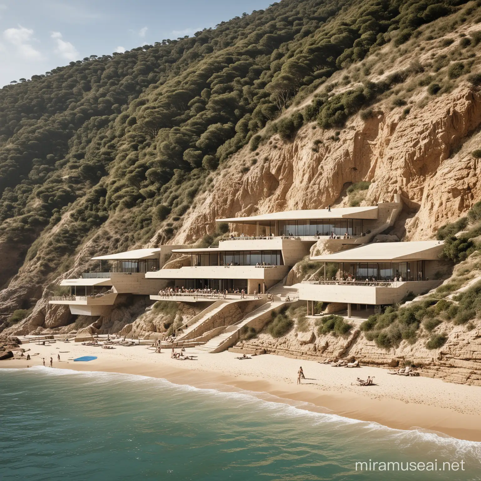 a series of beachfront pavilions built into the side of a steep sloping hill, the pavilions are connected by amphitheatre style seating, the upper most level is public realm