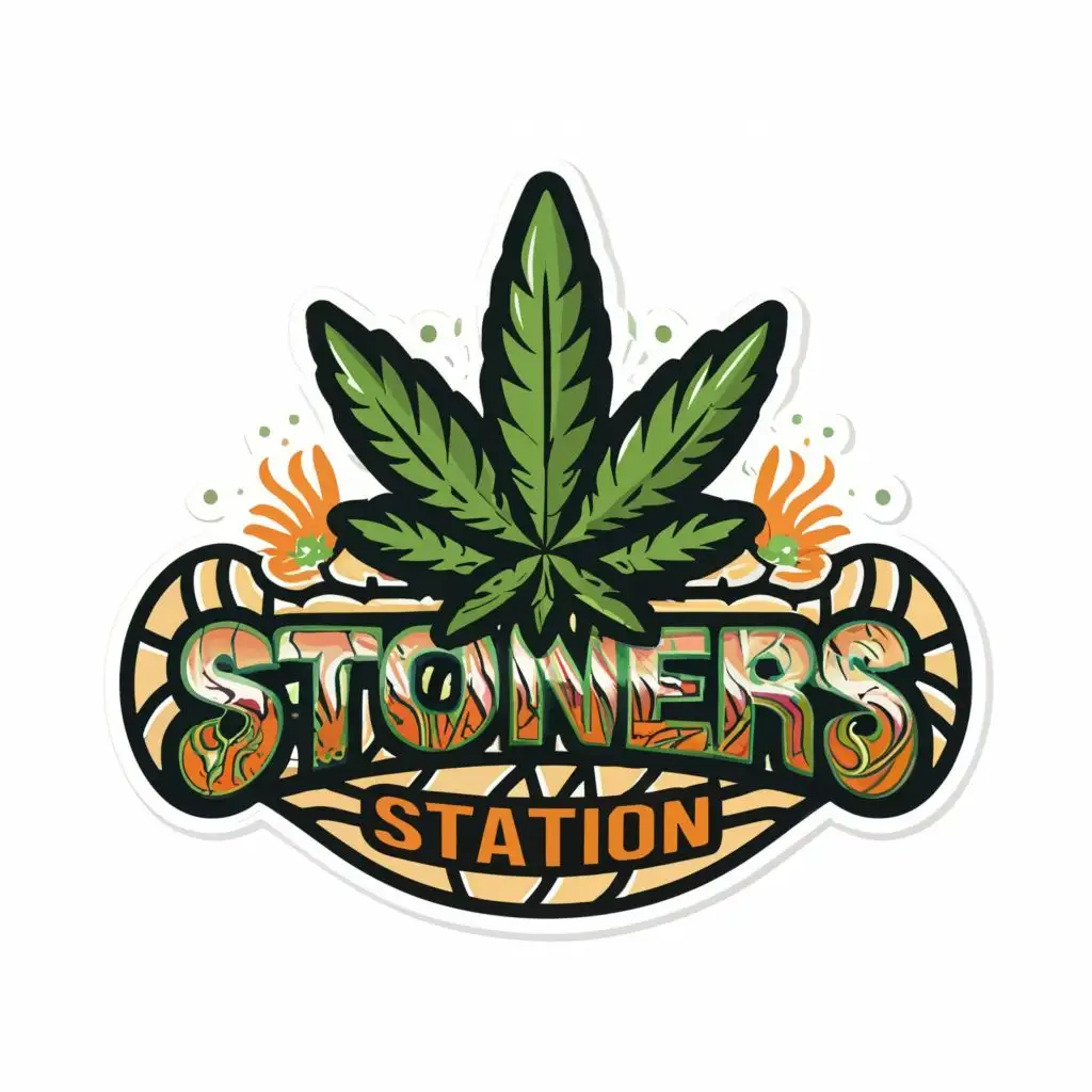 logo, CANNABIS, with the text "/imagine prompt:STONERS STATION, Sticker, Lovely, Bright Colors, mural art style, Contour, Vector, White Background, Detailed", typography