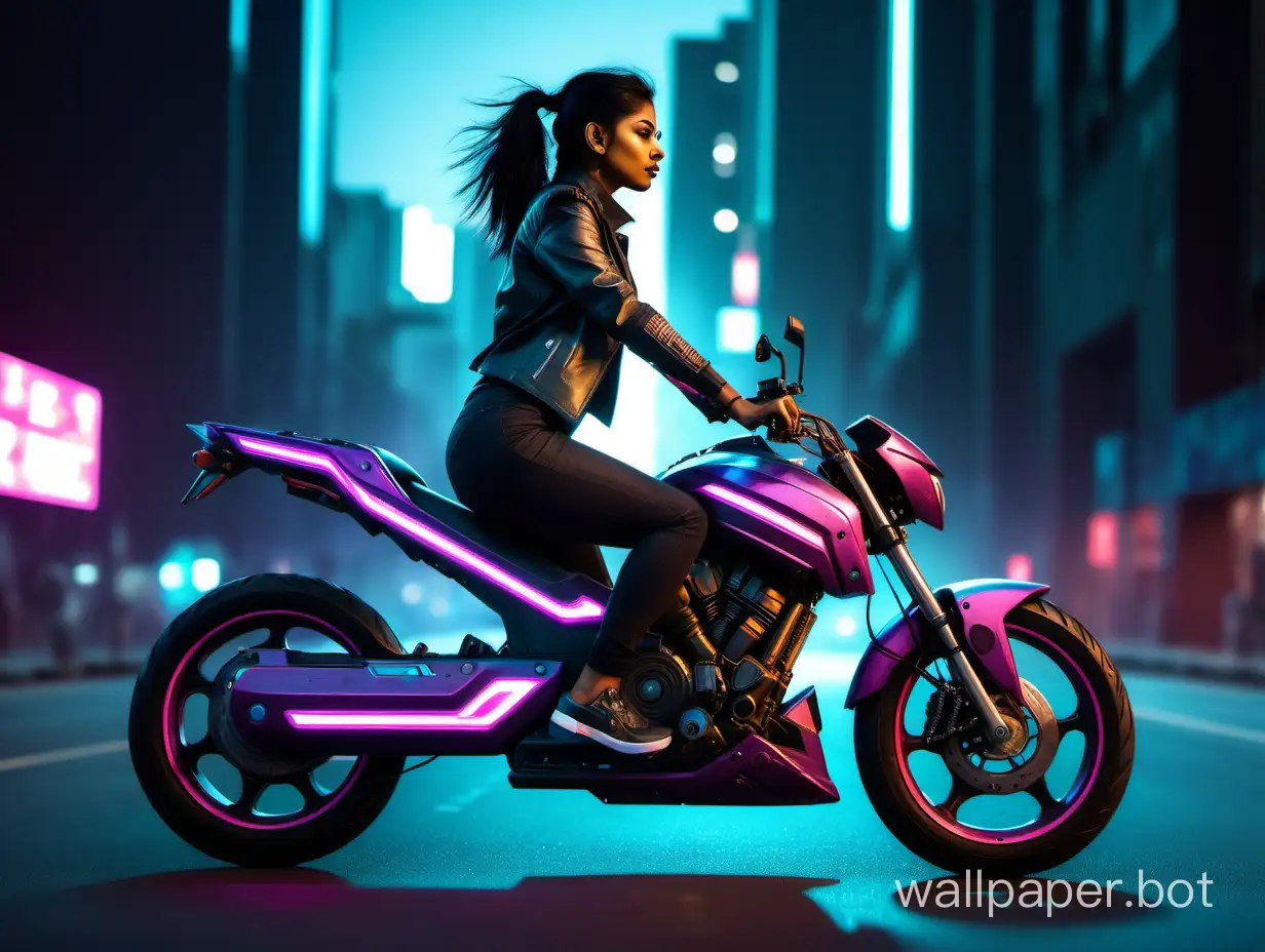 Glowing body 28 years old Indian Female riding cyberpunk bike on road of Cyberpunk City side angle view