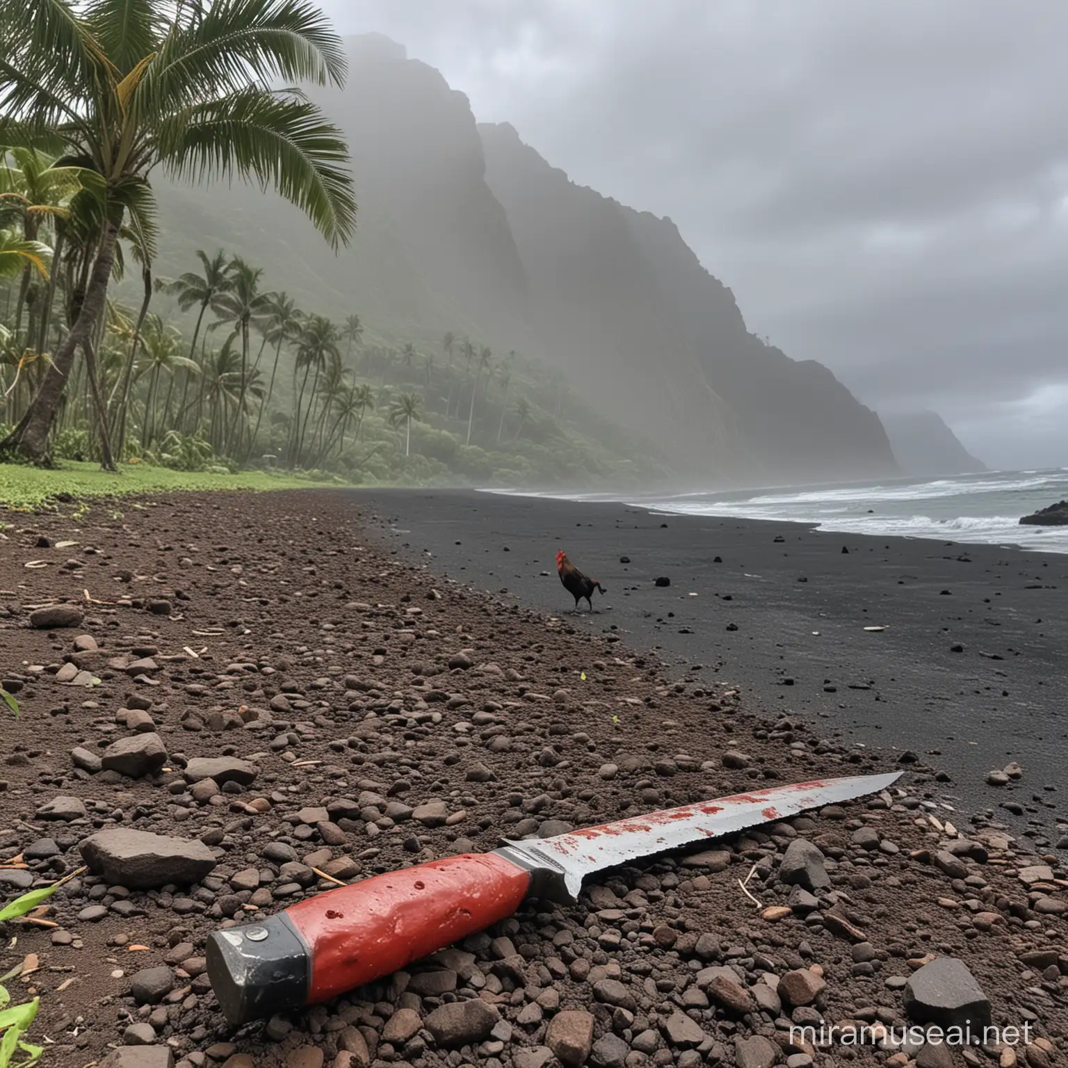 Reunion Island Landscape with Bloodied Machete and Rooster