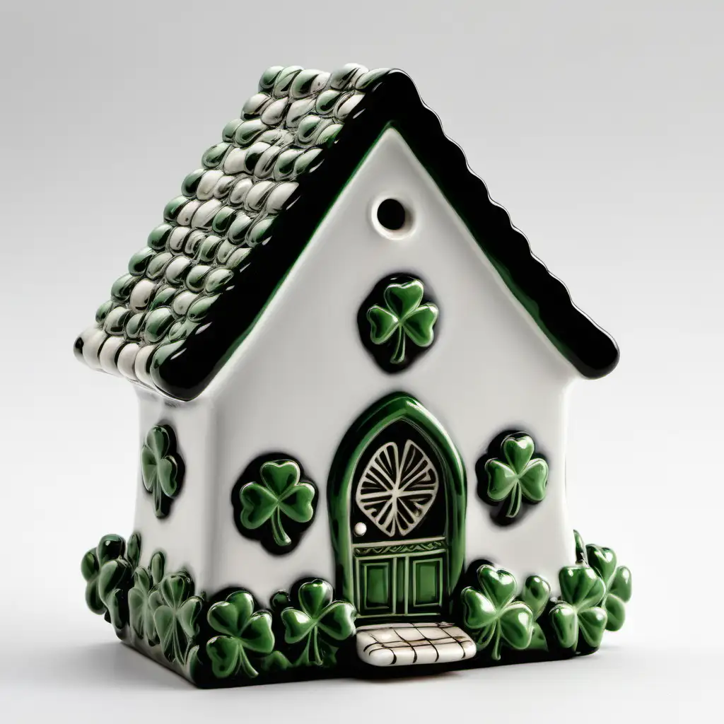 Ireland Ceramics Prominent Theme House with Shamrock Embellishment on White Background