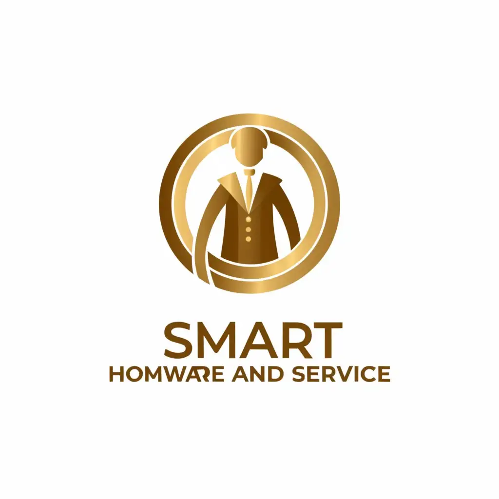 a logo design,with the text "Smart Homeware And Service", main symbol:a logo design, with the text 'Smart Homeware And Service', main symbol: Gold, man in suit, circle, Moderate, clear background,Moderate,clear background