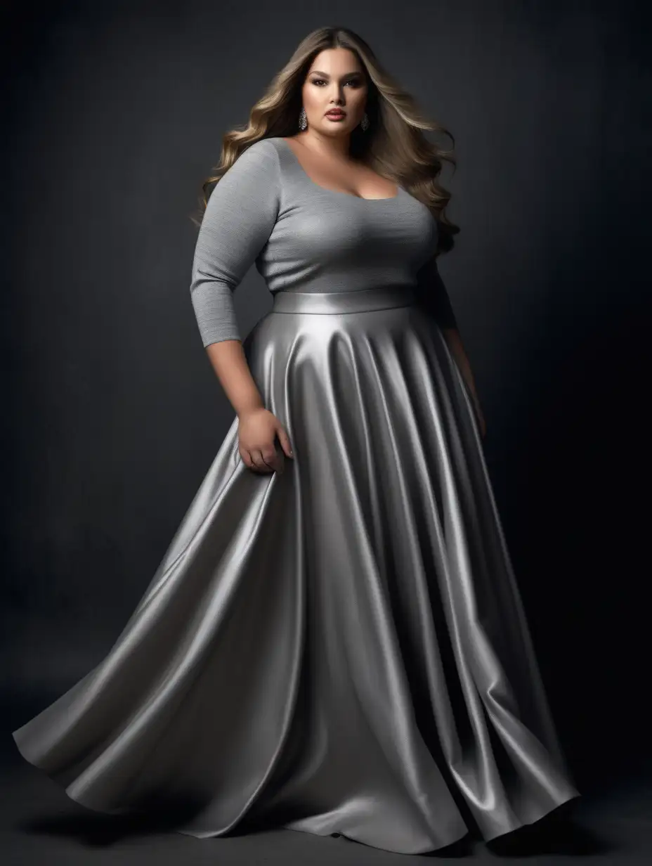 Stylish Plus Size Latina Model in Matte Metallic Silver Evening Gown