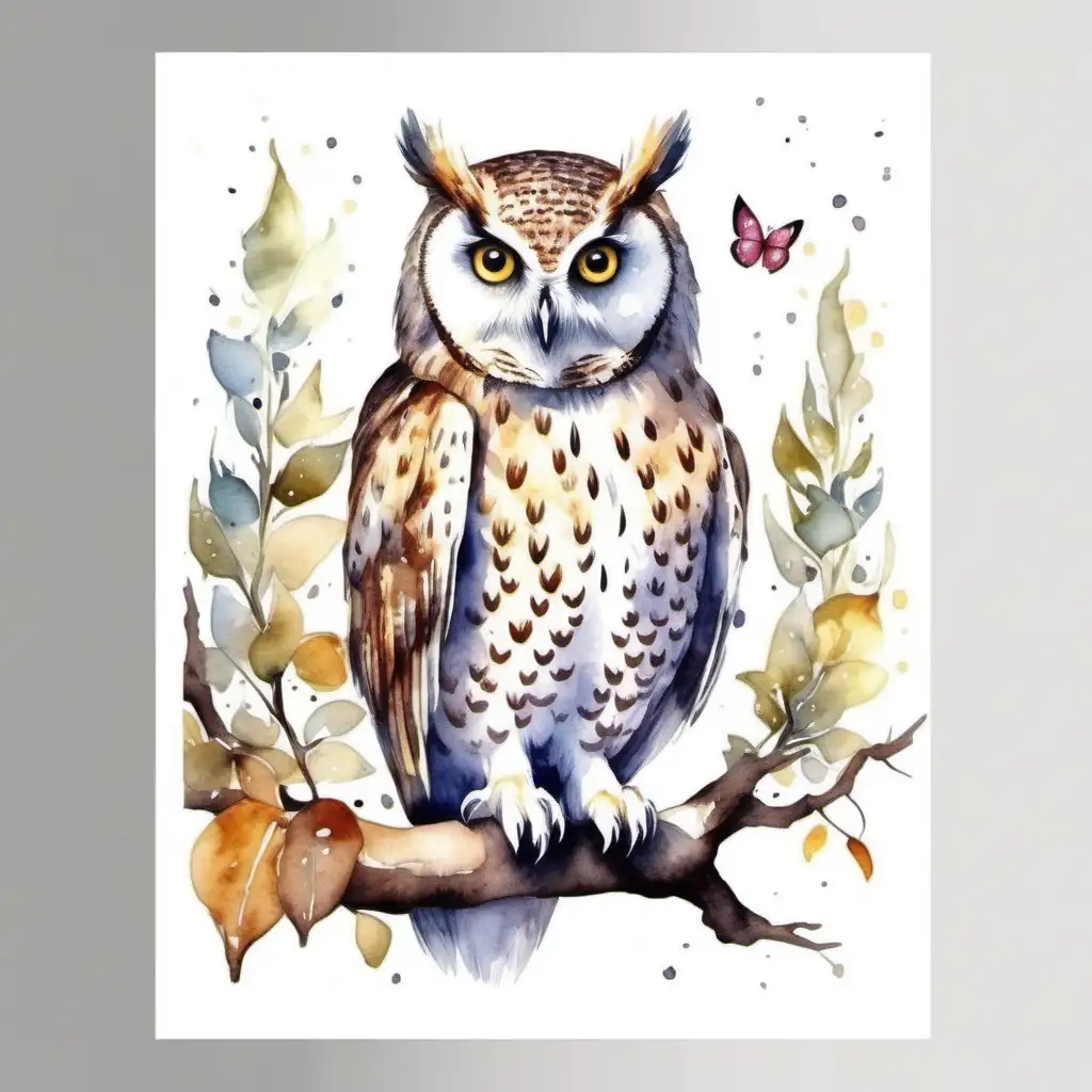 Enchanting Owl in Friendly Watercolor Painting on White Background