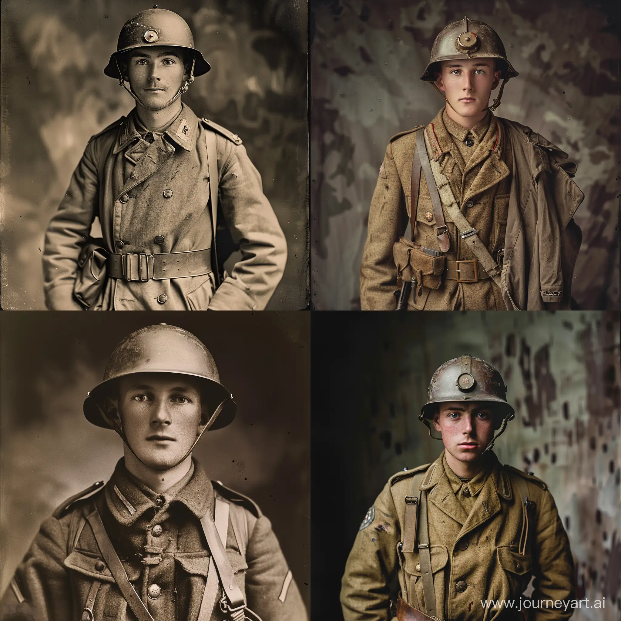 a 1910s studio photographic portrait of an average 20-year-old World War 1 British Soldier wearing his field uniform, including brodie helmet and trench coat