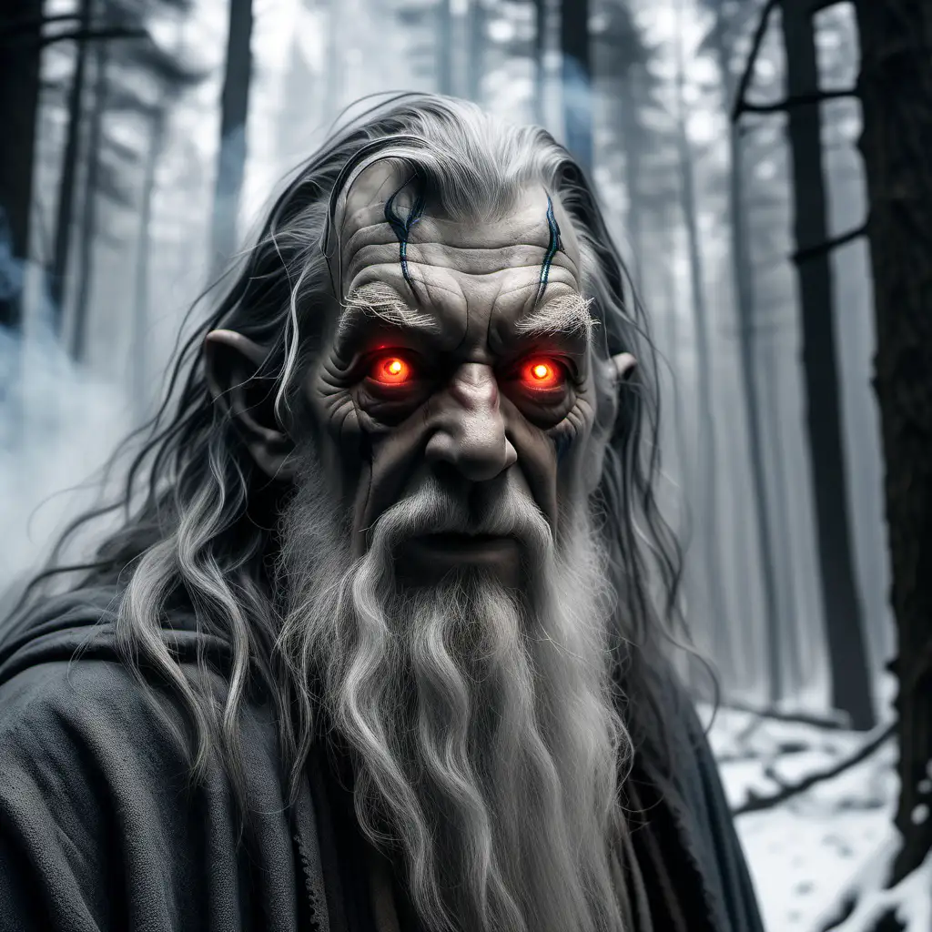 In an ultra-realistic 8K close-up photo, imagine a gray Gandalf fused with Gollum/Sméagol, their faces merged in a sinister expression. The scene is set against a burning forest with billowing smoke on a snowy day, creating a stark and eerie atmosphere. Gandalf's combined entity possesses red eyes and a malevolent open mouth. Their shirt bears a mysterious inscription. The low-angle camera perspective intensifies the dramatic ambiance, capturing the gravity of the moment. The aspect ratio is set to 2:3, and a vignette with a value of 6 adds depth and emphasis, creating a hauntingly powerful composition.