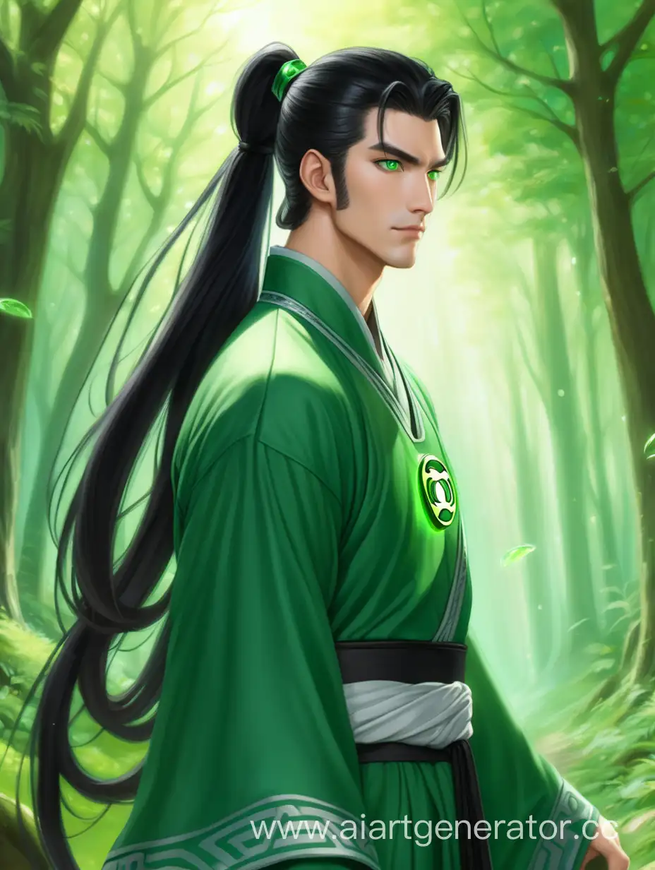 мужчина айдол красивый высокий длинные черные волосы забраны в хвост в зелёном ханьфу зеленоглазый с зелёным фонарём идёт по лесу