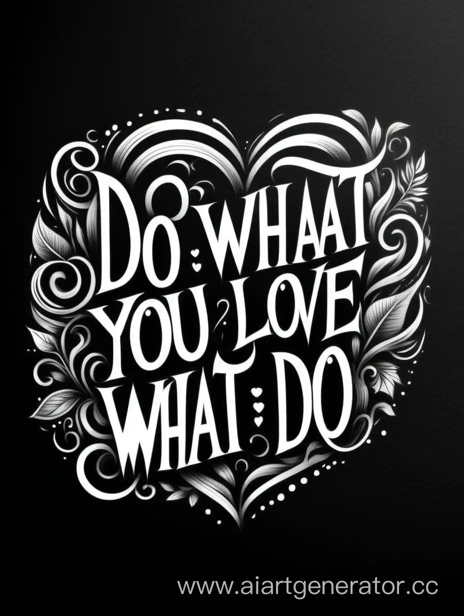 Draw the phrase “Do what you love, love what you do” in lettering style Image 3:4 :: lettering style :: no people :: unrealistic :: classic :: black and white image :: no colors
